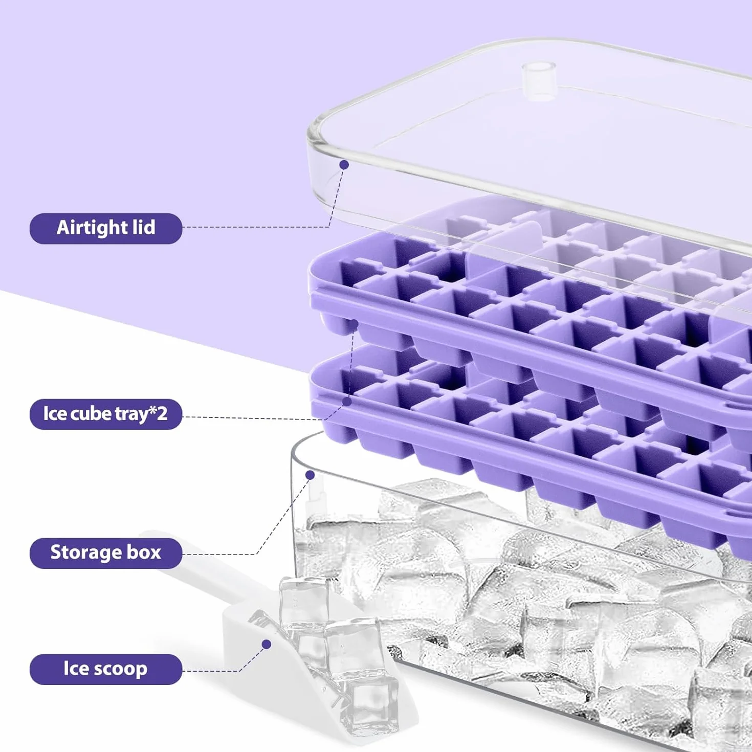 Bac à Glaçons 64 Carrés Qualité Alimentaire Sans BPA Couvercle Libération Rapide Violet