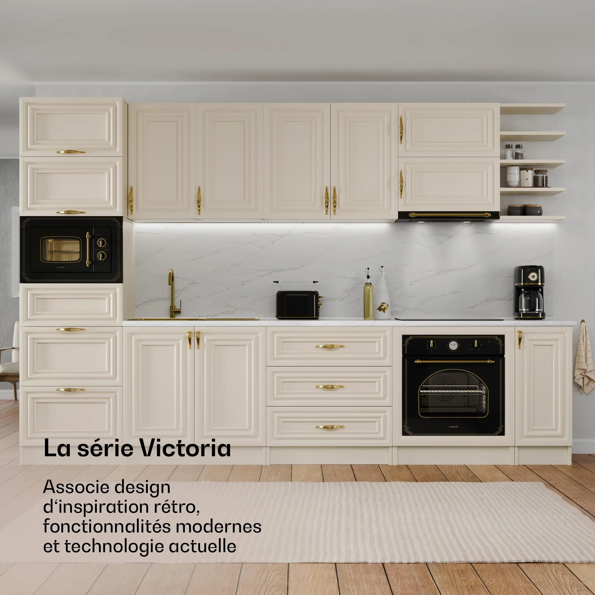 KLARSTEIN Victoria Set Petit-Déjeuner Complet – Grille-Pain 2 Fentes 7 Niveaux, Bouilloire Électrique 1,7L, Cafetière Filtre 12 Tasses, Design Rétro, Noir