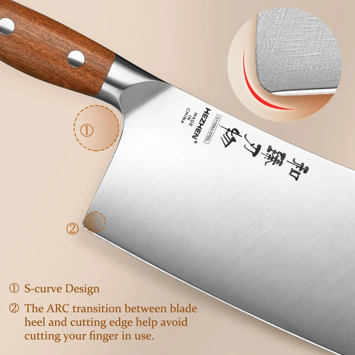 HEZHEN Couteau à Hacher Chinois, Couperet à Viande, Manche en Redwood