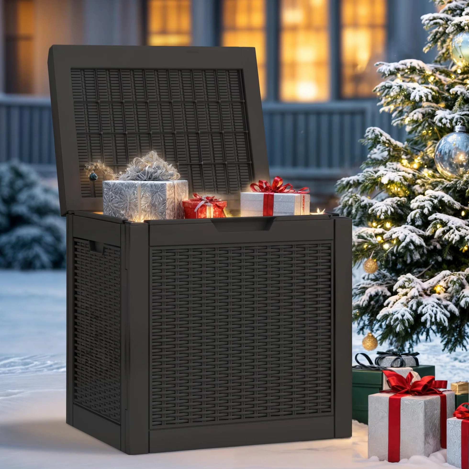 YITAHOME Boîte de rangement extérieur rotin 118 L imperméable avec couvercle poignées verrouillables jardin coussins