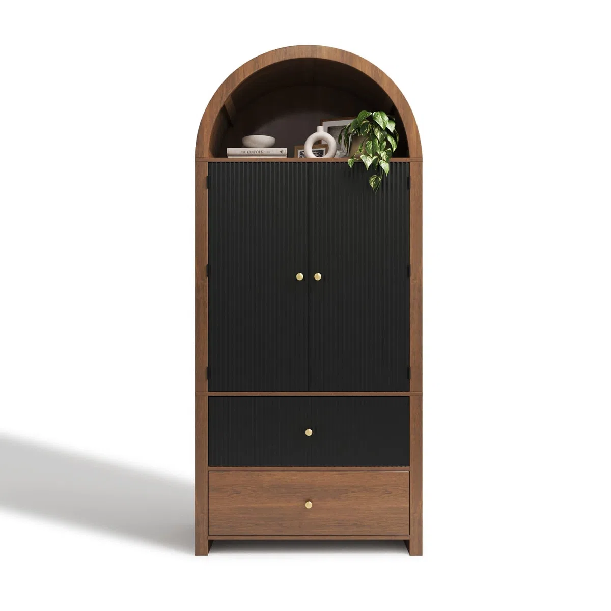 KOMHTOM Armoire de Rangement Haute, Armoire en Bois, Meuble de Rangement, Conception avec Dessus Incurvé, 3 Tiroirs, 2 Portes, pour Cuisine et Salon (Noir+Naturel)