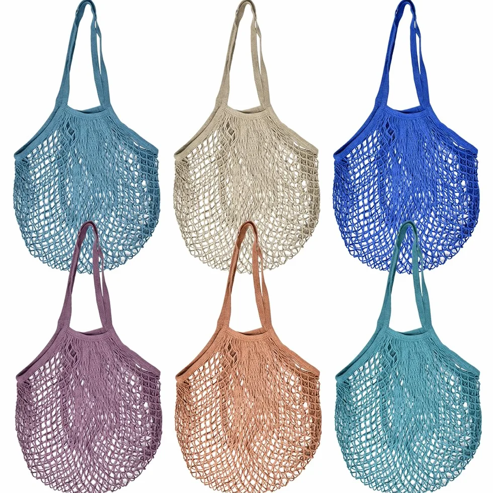Sacs de Courses en Maille Coton 60x30 cm, Filet Provision Longue Poignée, Sac à Provisions Respirant pour Fruits Légumes, Lot de 6