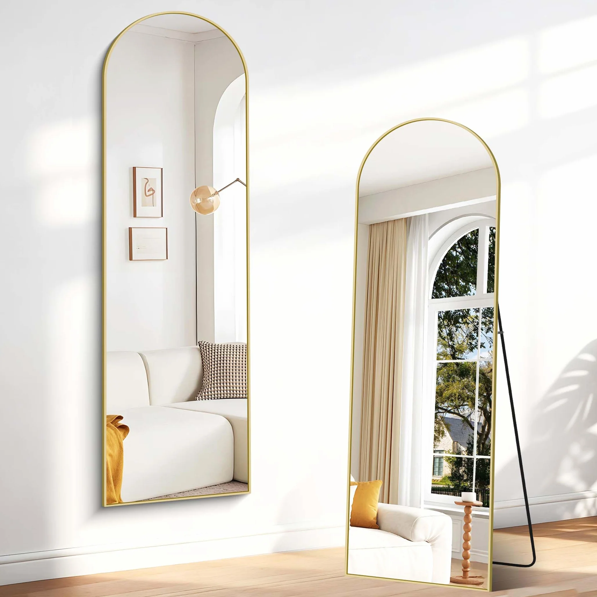 Miroir Arqué Pleine Longueur 150 x 40 cm, Pied Penché ou Suspendu, Cadre Métal Doré, Anti-déflagrante, Pour Salon Chambre