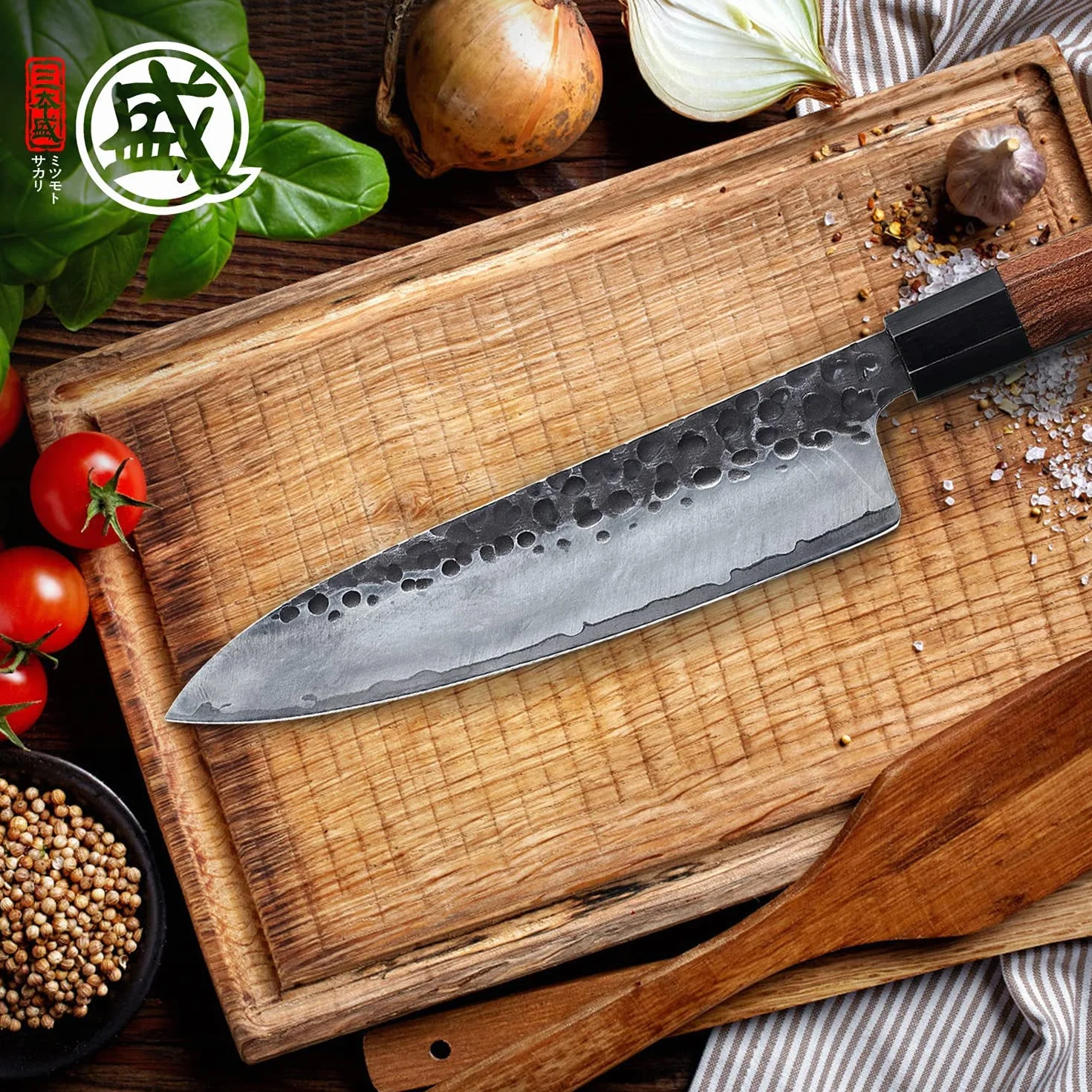 MITSUMOTO SAKARI Couteau Japonais 22 cm Gyuto Forgé à la Main Acier Haute Carbone Manche Bois de Rose Boîte Bois