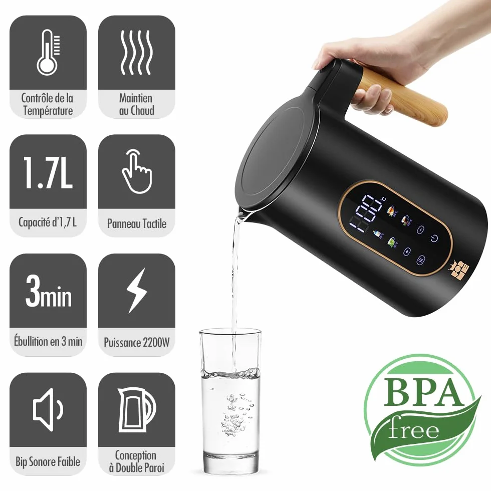 ForMe Bouilloire Electrique Inox 1,7L Contrôle de Température Réglable 40-100°C LED Affichage Maintien au Chaud
