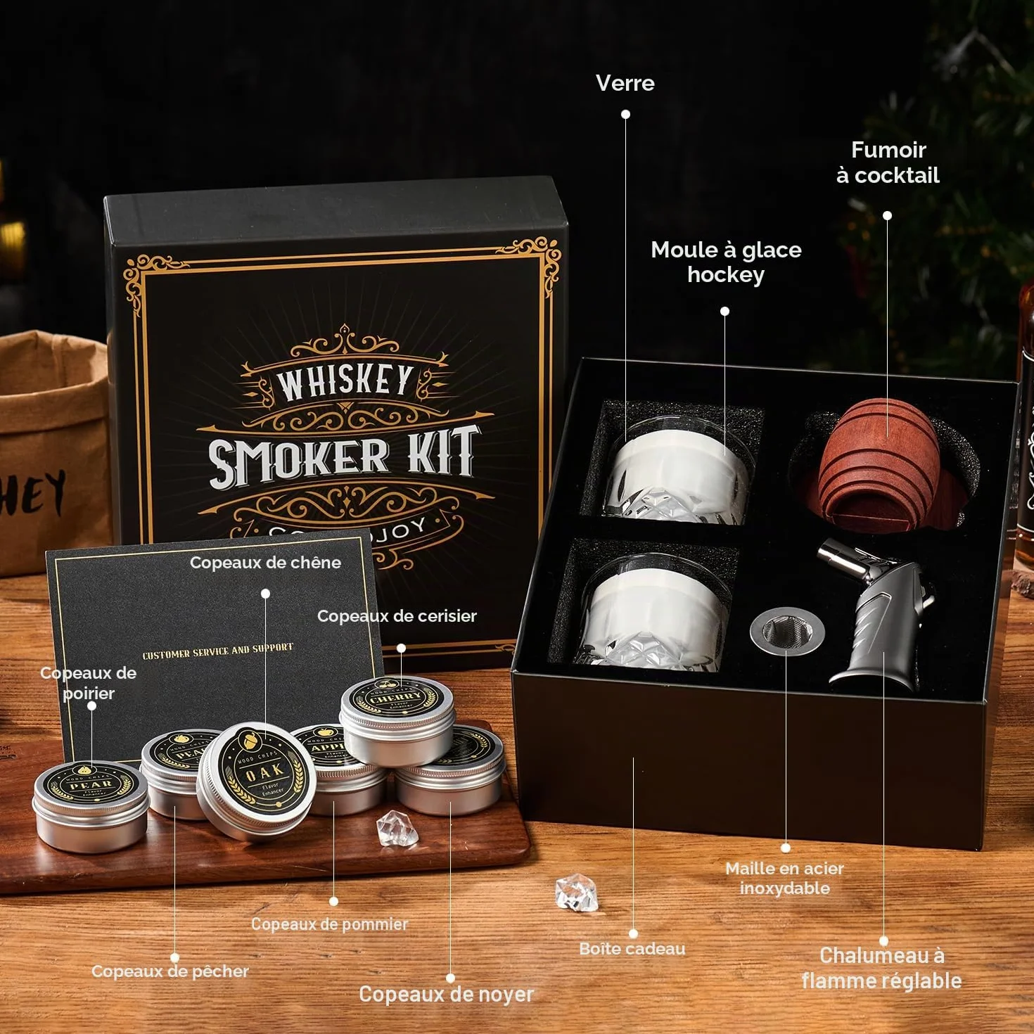 Kit de Fumoir pour Whisky avec Chalumeau - 6 Arômes de Copeaux de Bois, 2 Verres, 2 Moules à Glaçons Sphériques - Kit Fumoir Cocktail, Cadeau Homme