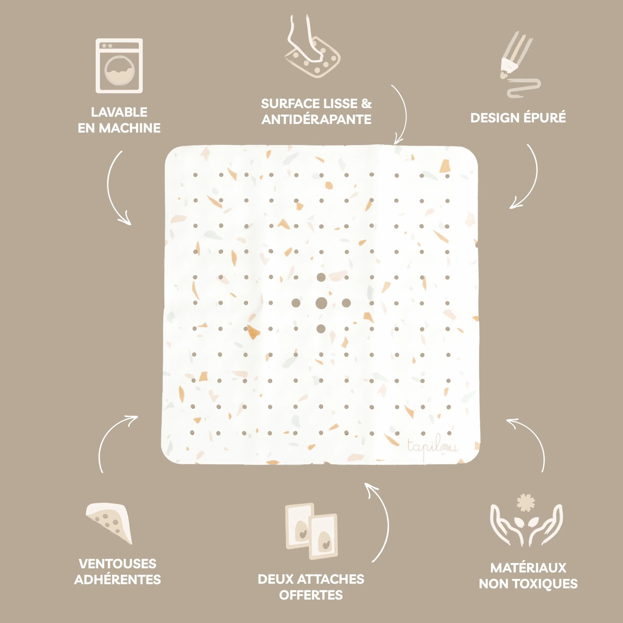 Tapis de Douche Bébé Antidérapant 53x53 cm Motif Terrazzo sans BPA Lavable en Machine Anti-moisissure avec Ventouses