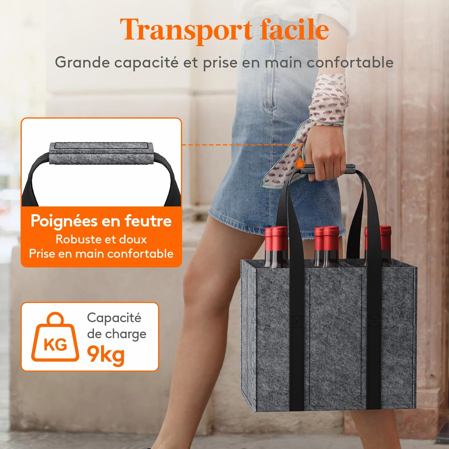 Lifewit Sac Bouteille en Feutre Robuste, Porte Bouteille pour 6 Bouteilles de 1,5 L, 30 x 20 x 26 cm