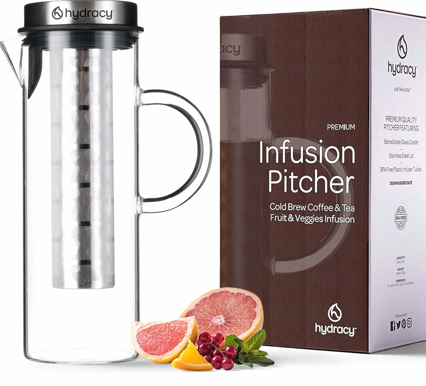 Cafetière Hydracy 1,5L Verre Borosilicate Acier Inox pour Café Thé Glacé Infusion Fruits