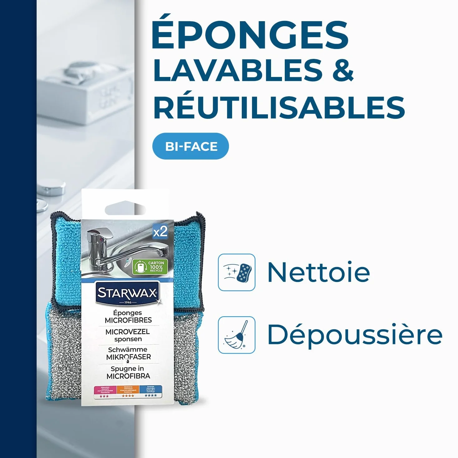 STARWAX éponges microfibres x2 absorbantes résistantes essuyantes nettoyer sans rayer polyester polyamide