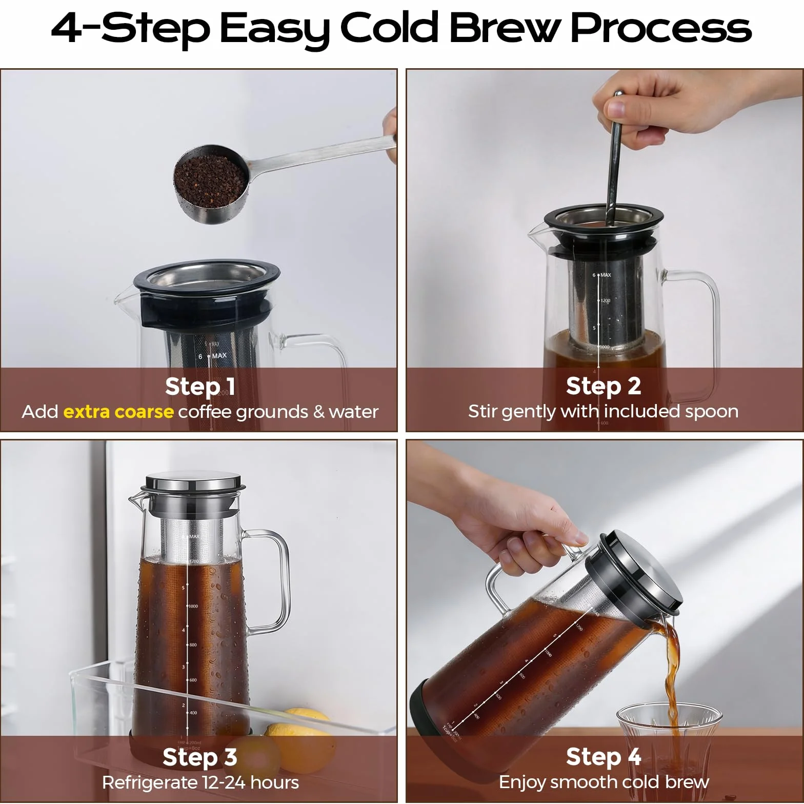 Machine à café Cold Brew 1,4 l filtre en acier inoxydable extraction profonde pichet thé glacé