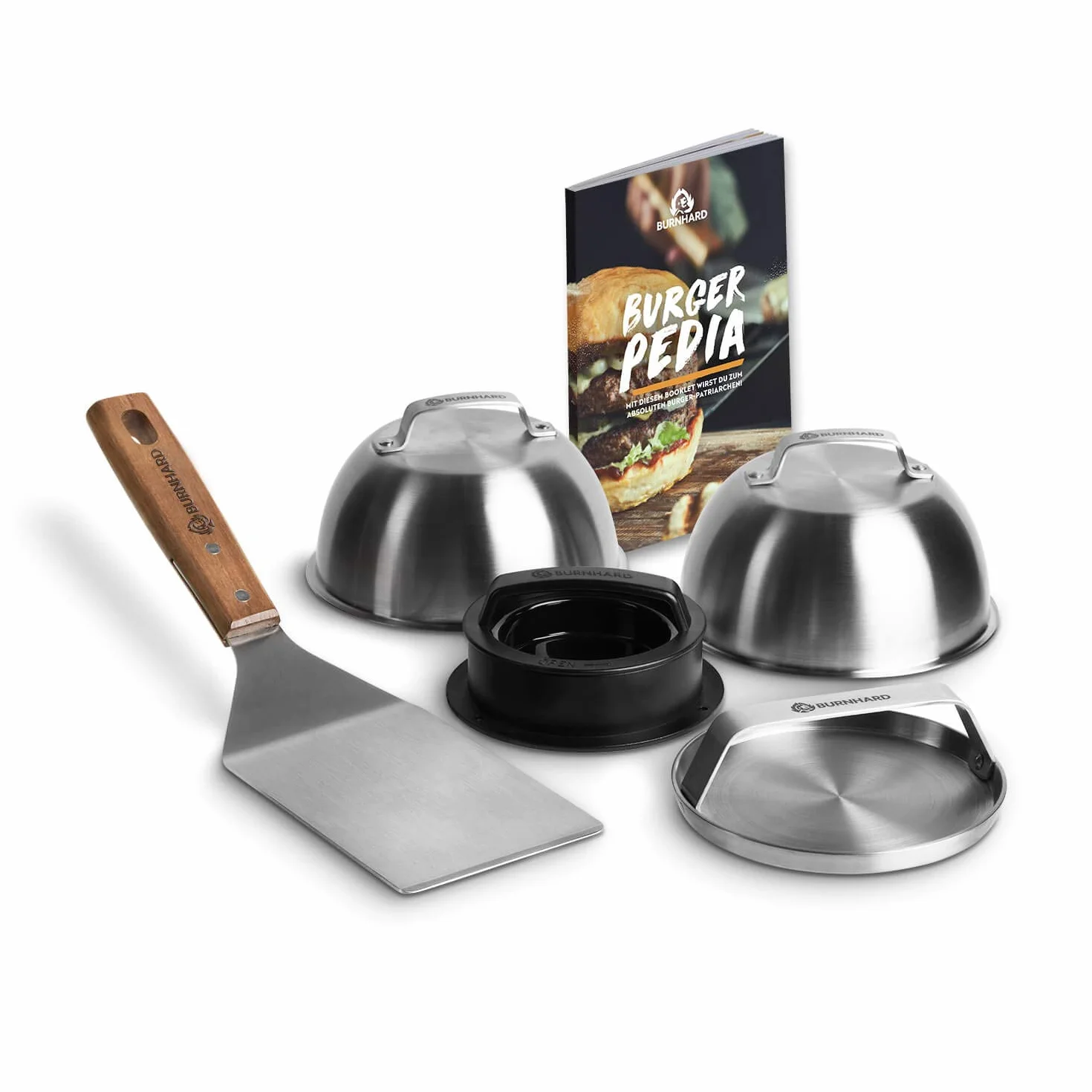 BURNHARD Kit pour Burgers 6 pièces, Moule à Steak antiadhésif, Presse à Burger, Cloches INOX