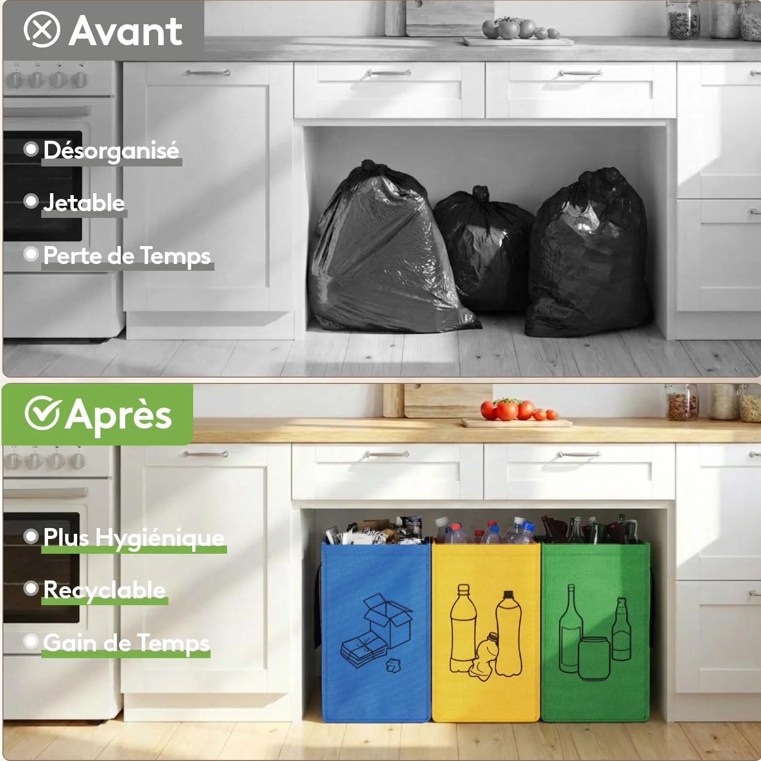 Lifewit Lot de 3 Sacs Tri Sélectif, Poubelles Recyclage 3 Couleurs, 45 L