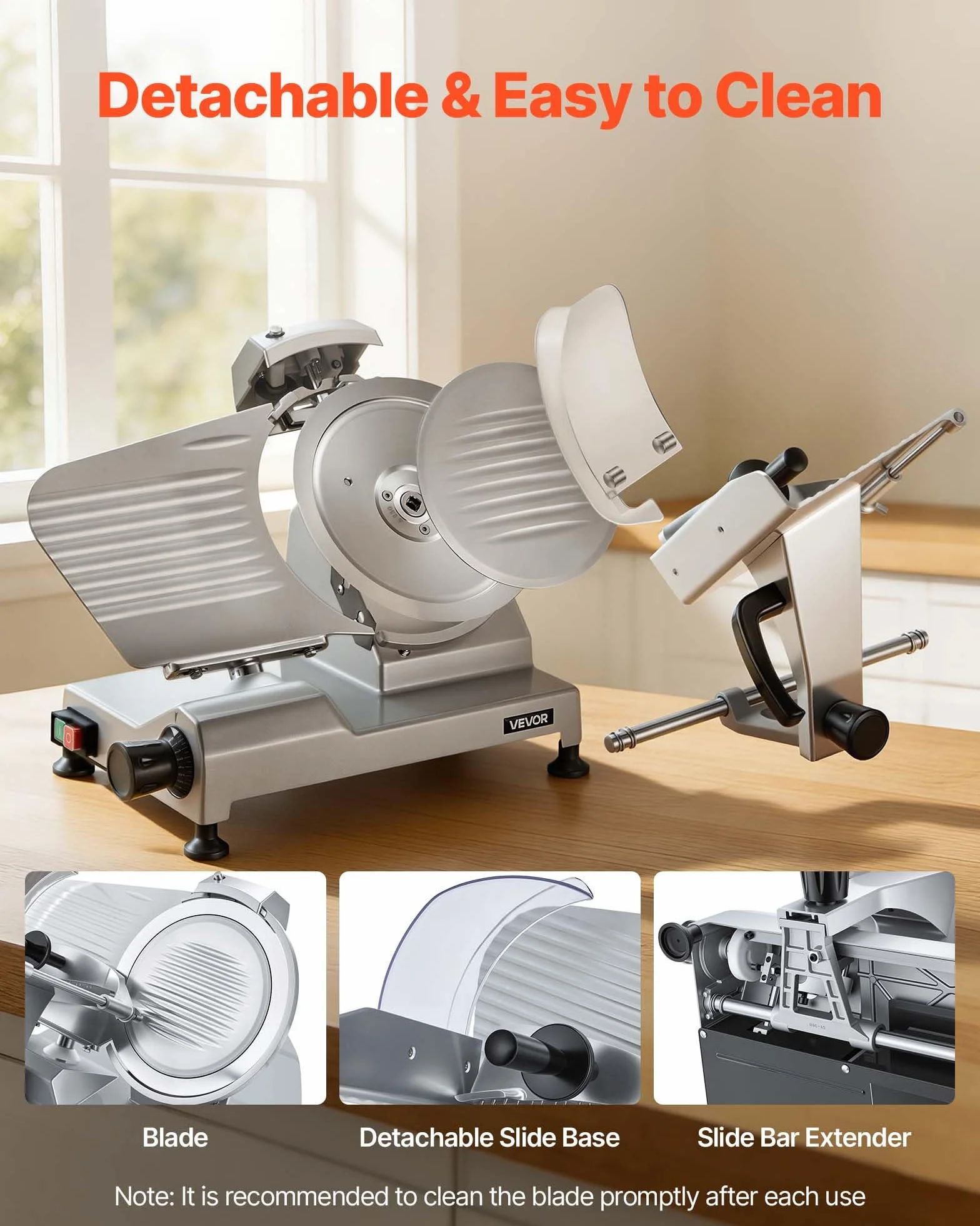VEVOR Trancheuse Électrique 240 W, Lame Acier Carbone 250 mm, Épaisseur Coupe Réglable 0-12 mm, Trancheuse à Jambon