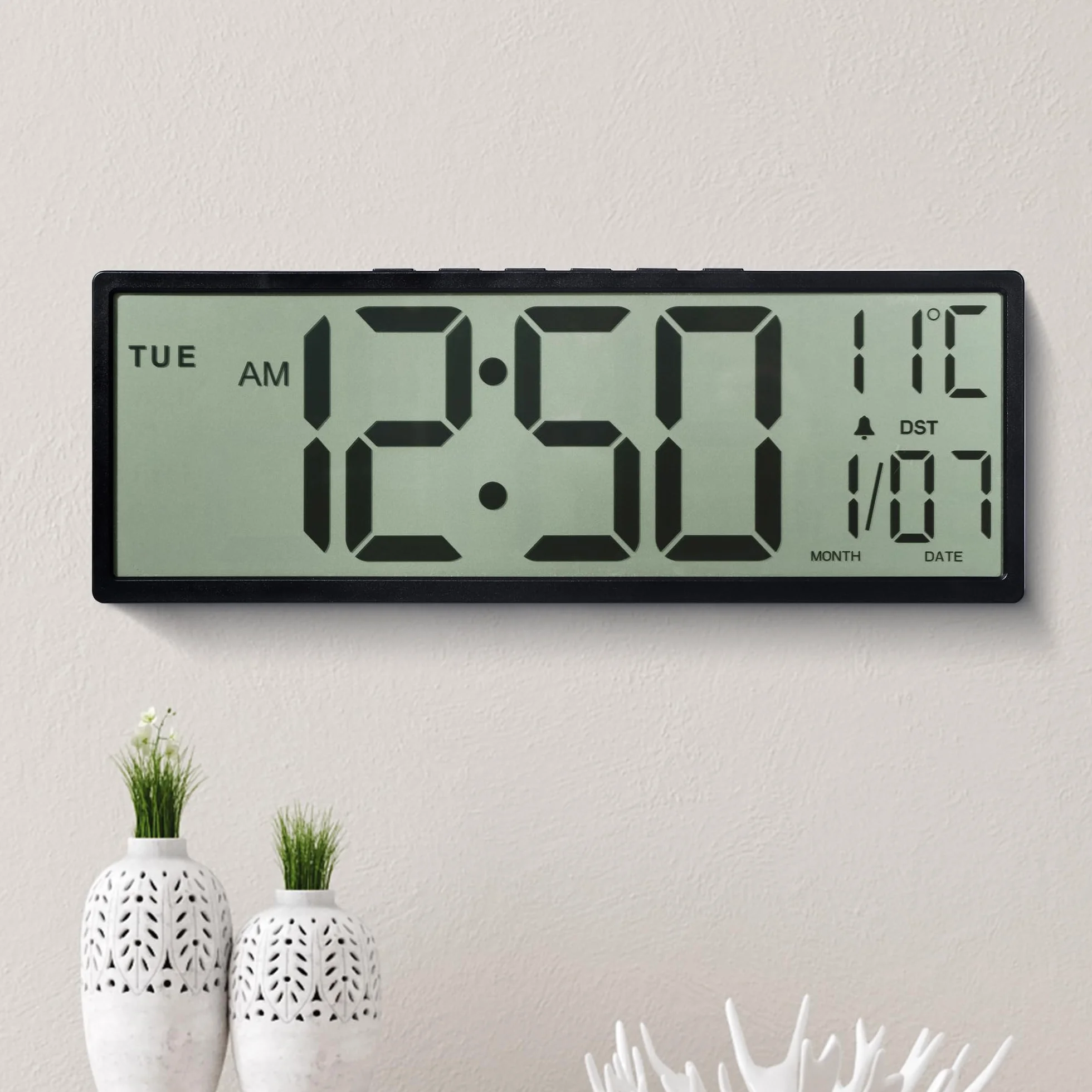 Maxstar Grande Horloge Murale Numérique 15" Grand Écran LCD Chiffres Géants Piles Auto DST Température Date