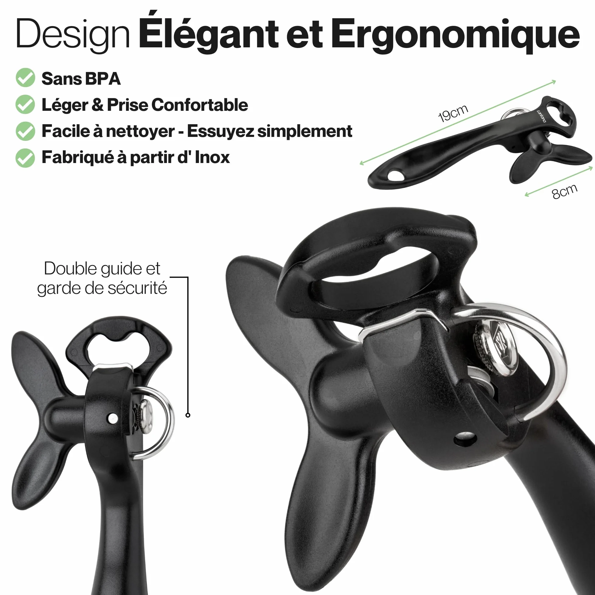 Lantana Ouvre-boîte/décapsuleur 2 en 1 noir acier inoxydable ouverture manuelle sans danger découpe latérale