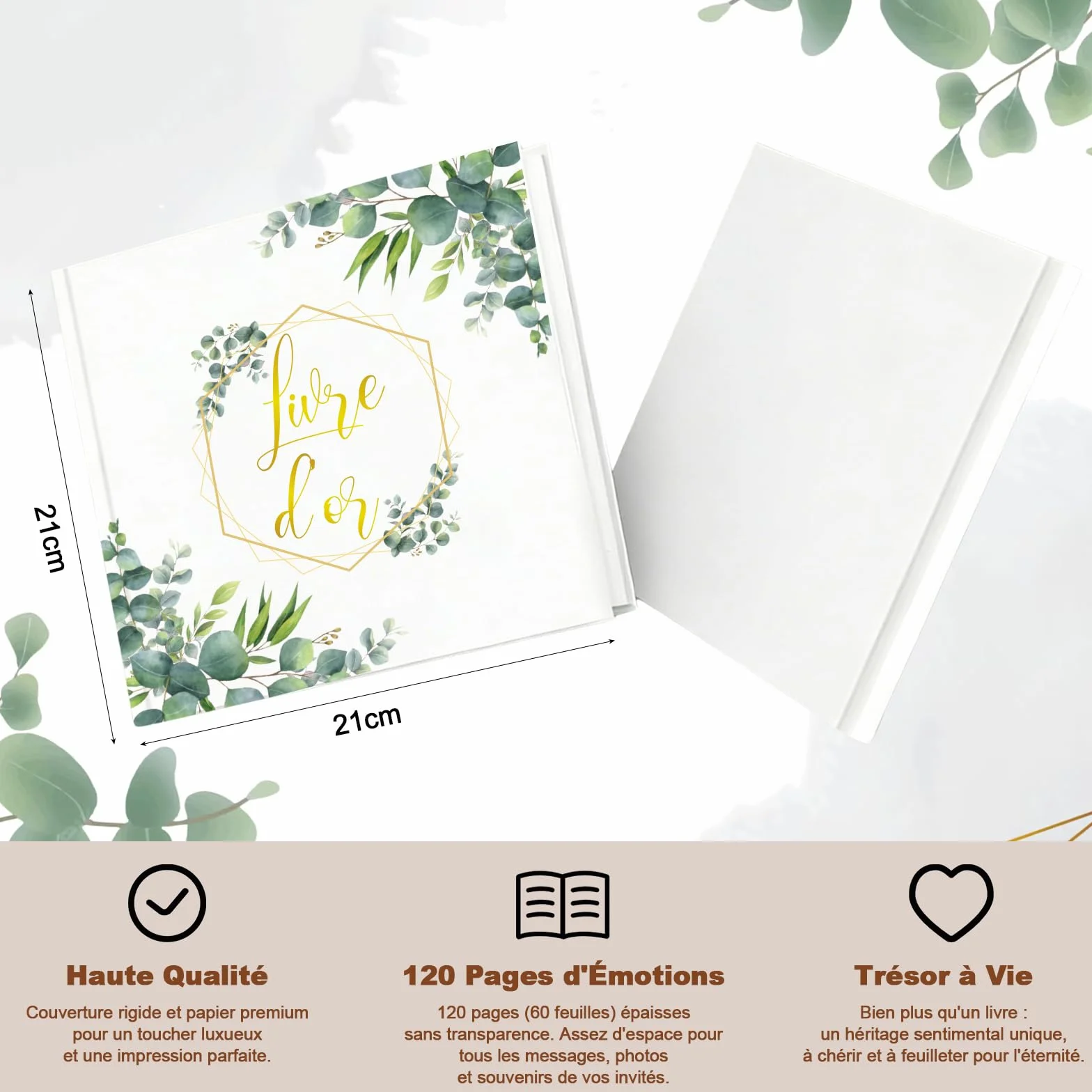 Livre d'or Mariage Motifs Floraux 21.5x21.5 cm Couverture Rigide 120 Pages Scrapbooking (Feuilles d'eucalyptus)