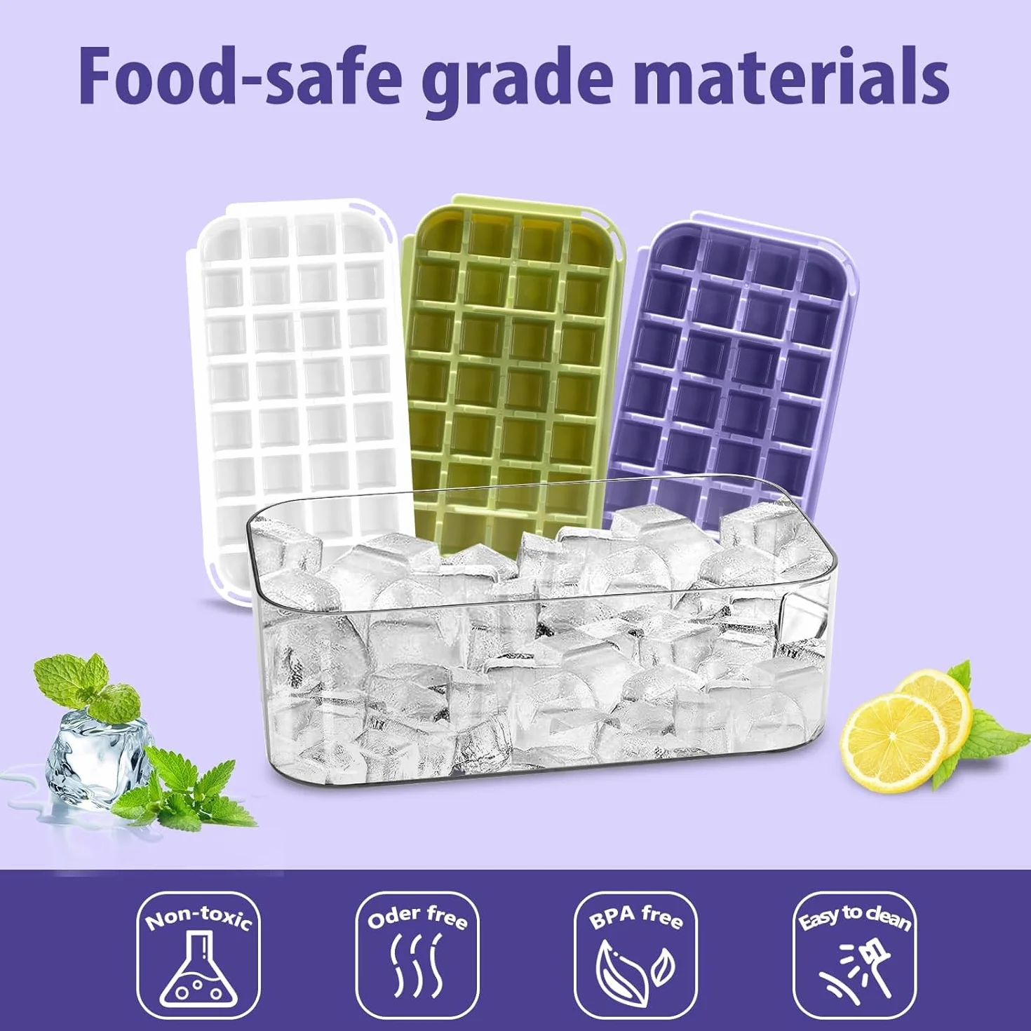 Bac à Glaçons 64 Carrés Qualité Alimentaire Sans BPA Couvercle Libération Rapide Violet