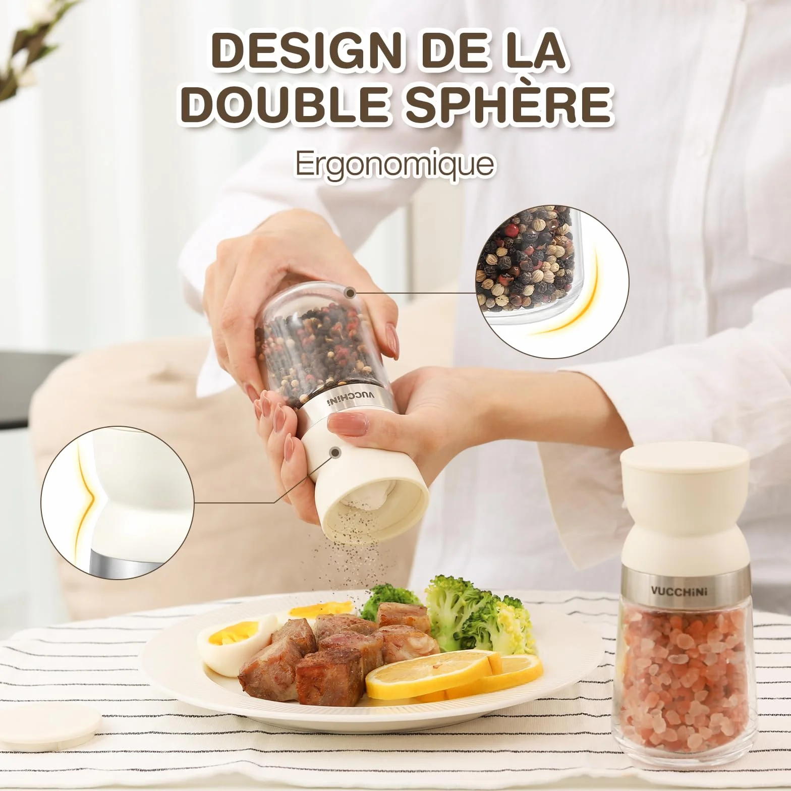 Vucchini Moulin à Sel et à Poivre 2 Ensembles avec Noyau en Céramique, Grosseur Ajustable, Beige