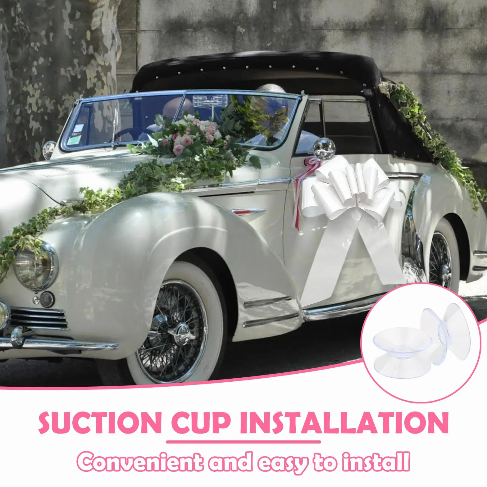 Grand Nœud Cadeau Blanc 76 cm pour Voiture Mariage avec Ventouses et Ruban Adhésif Double Face
