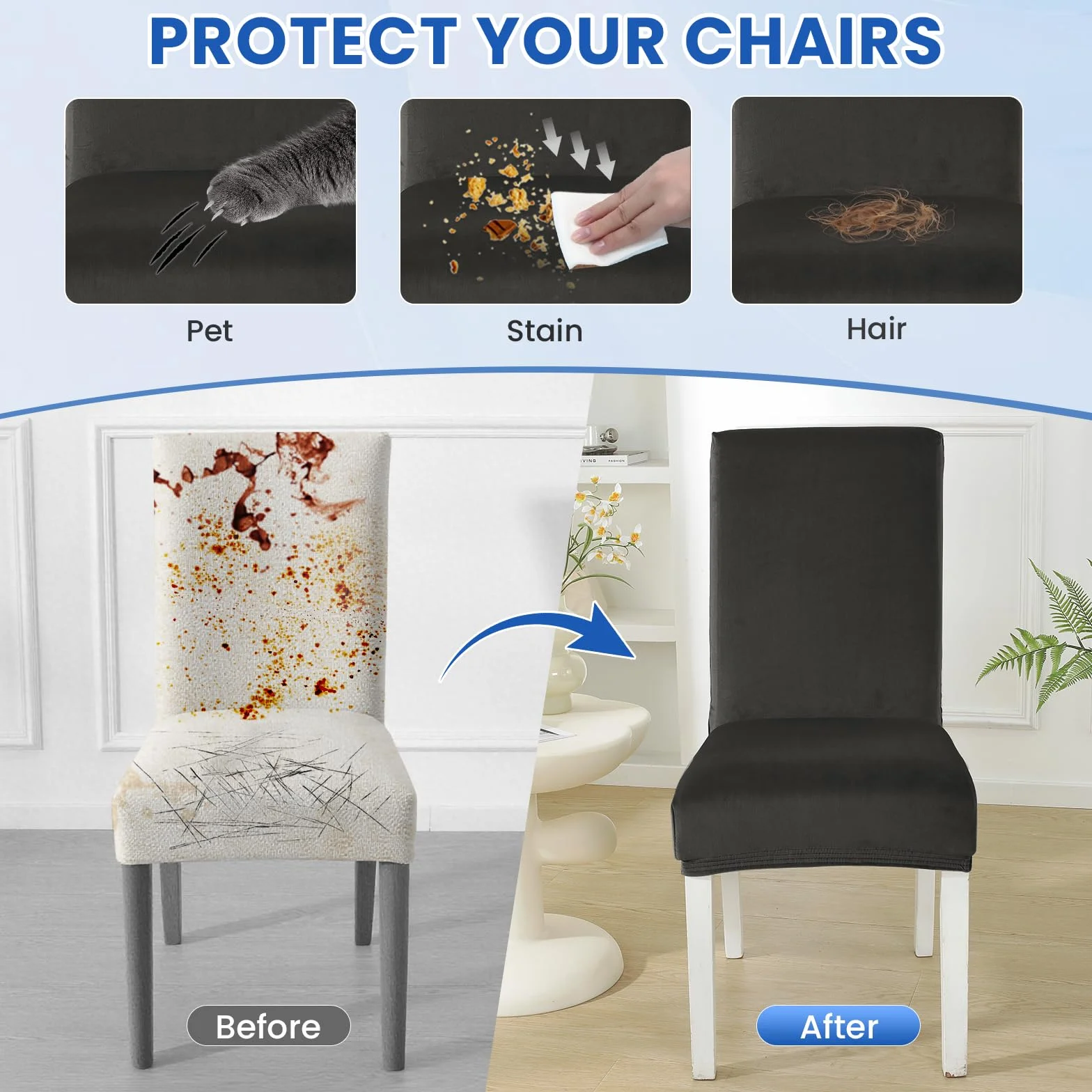 Ystyle Housse de Chaise Velours 6 Pièces Élastique Universel Lavable Gris Foncé