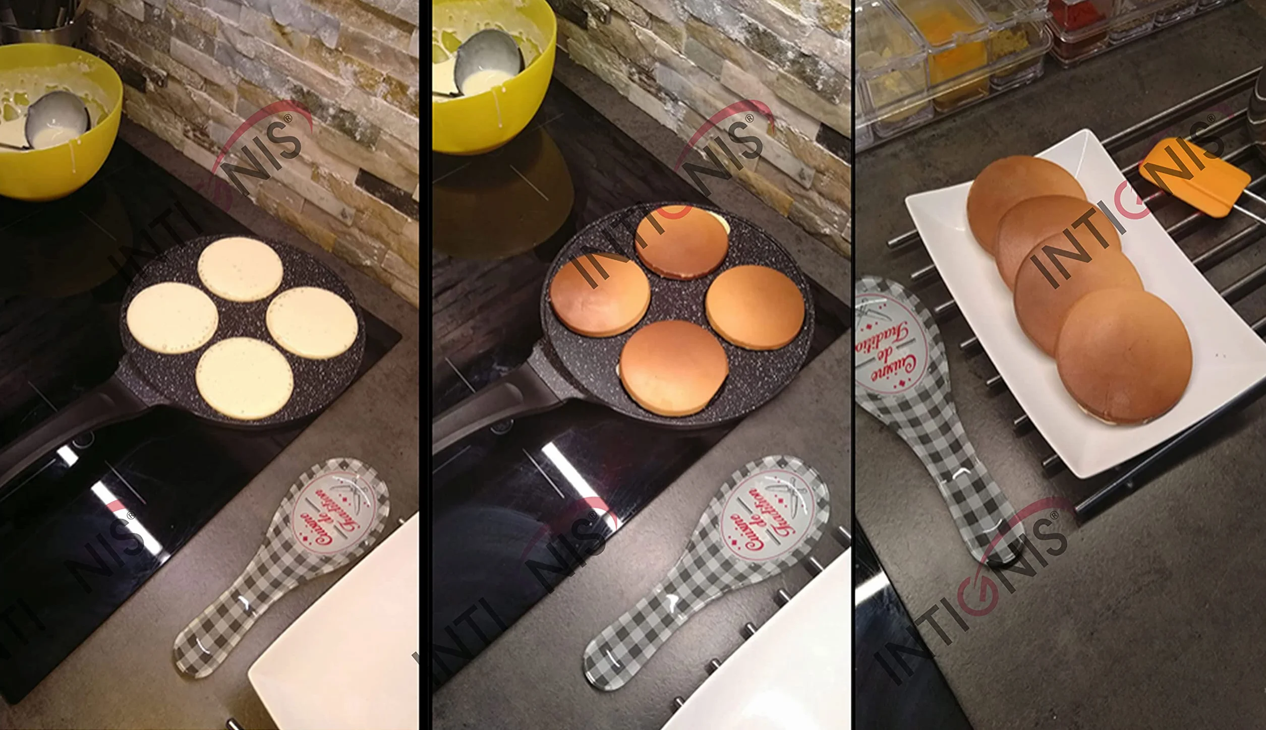 INTIGNIS Poêle à frire antiadhésive céramique 27 cm pour mini-crêpes 4 moules Induction