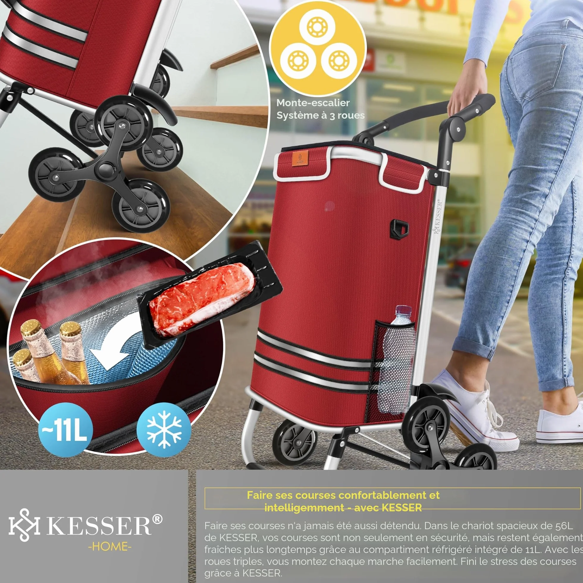 KESSER Chariot à provisions 56 L 50 kg pliable 3 en 1 avec compartiment réfrigérant Bordeaux