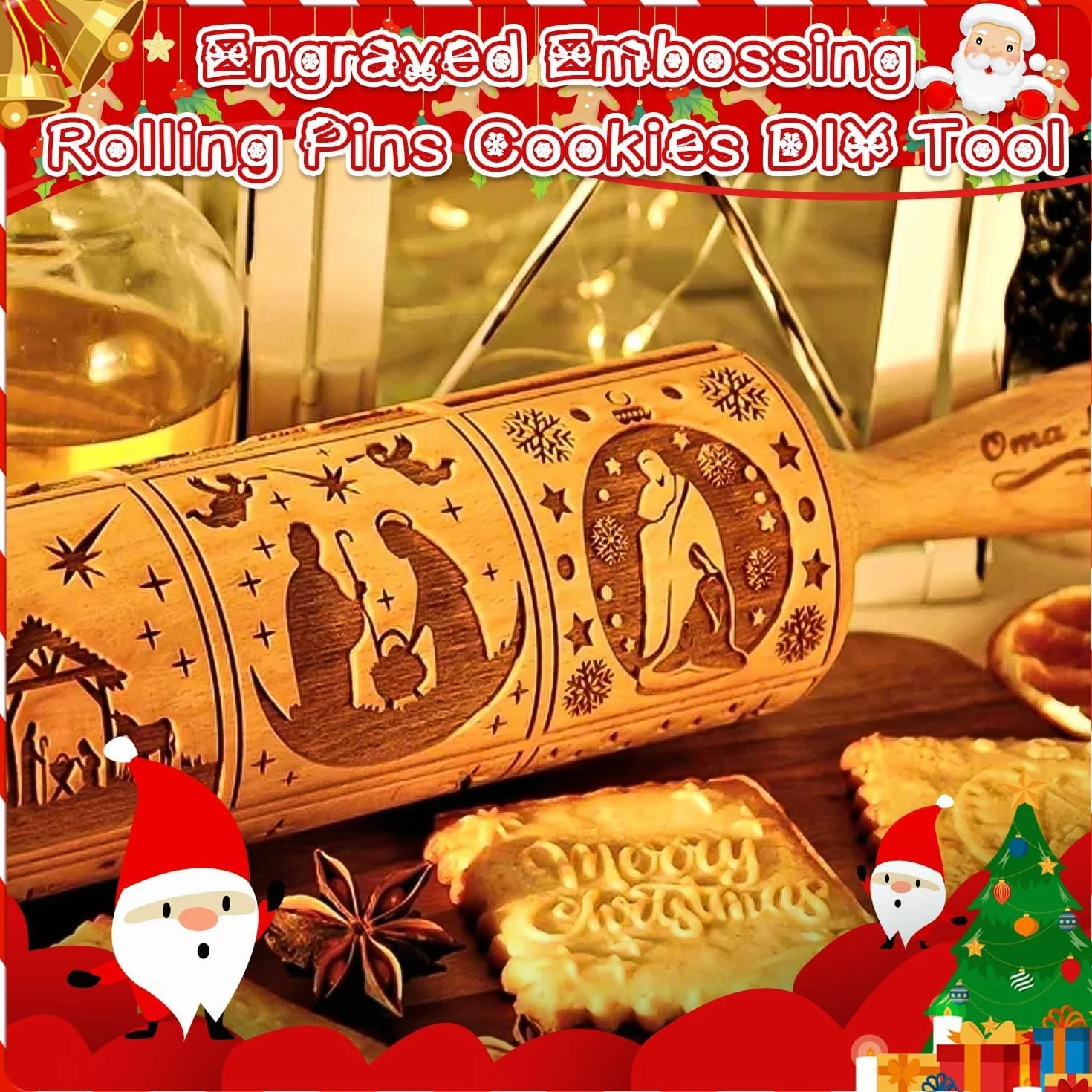 Rouleau à pâtisserie en bois 3D 35 cm motif fleurs de Noël