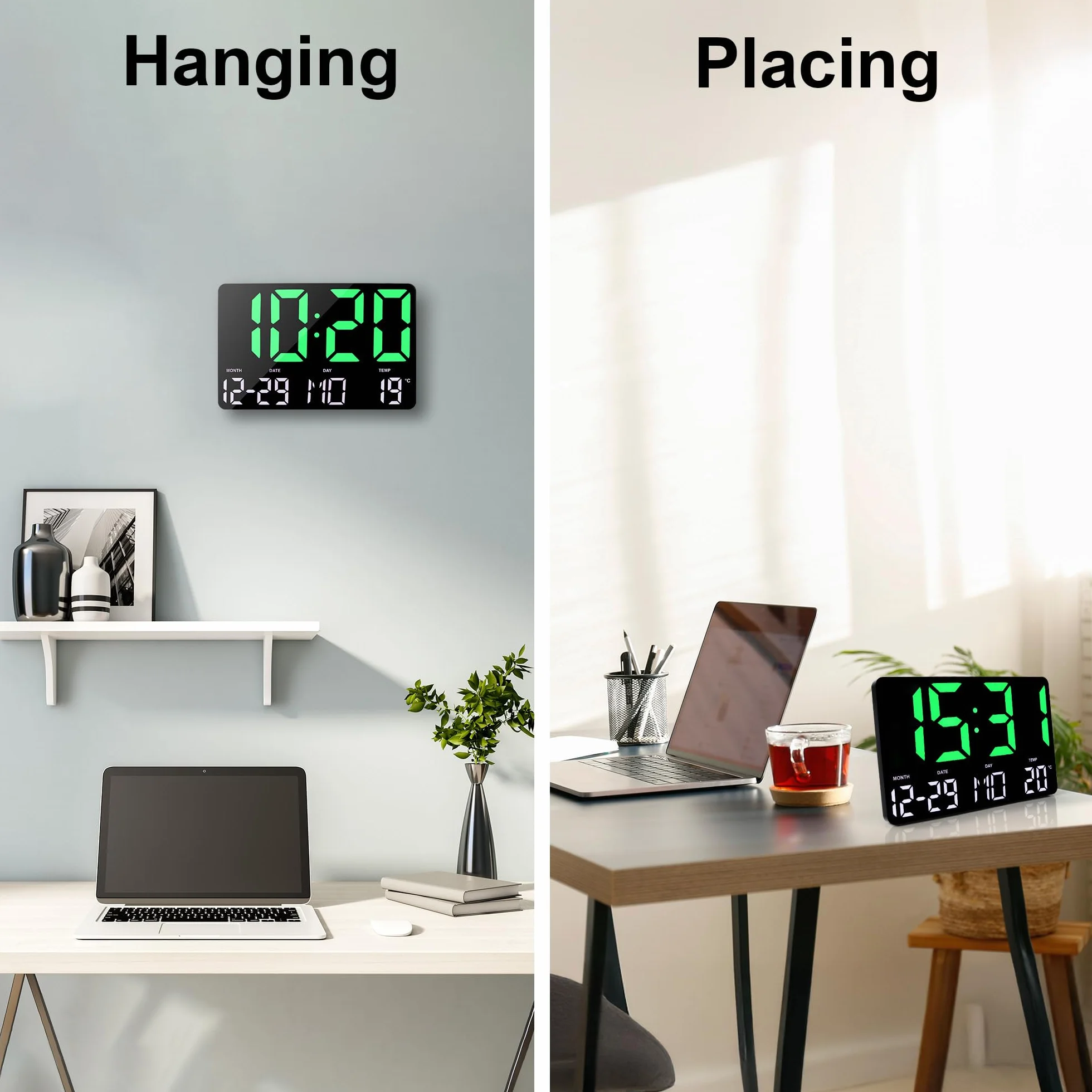 Lafocuse Horloge Murale Numérique LED 12" avec Télécommande, Température, Date, Alarme, Snooze, Luminosité Réglable, Vert