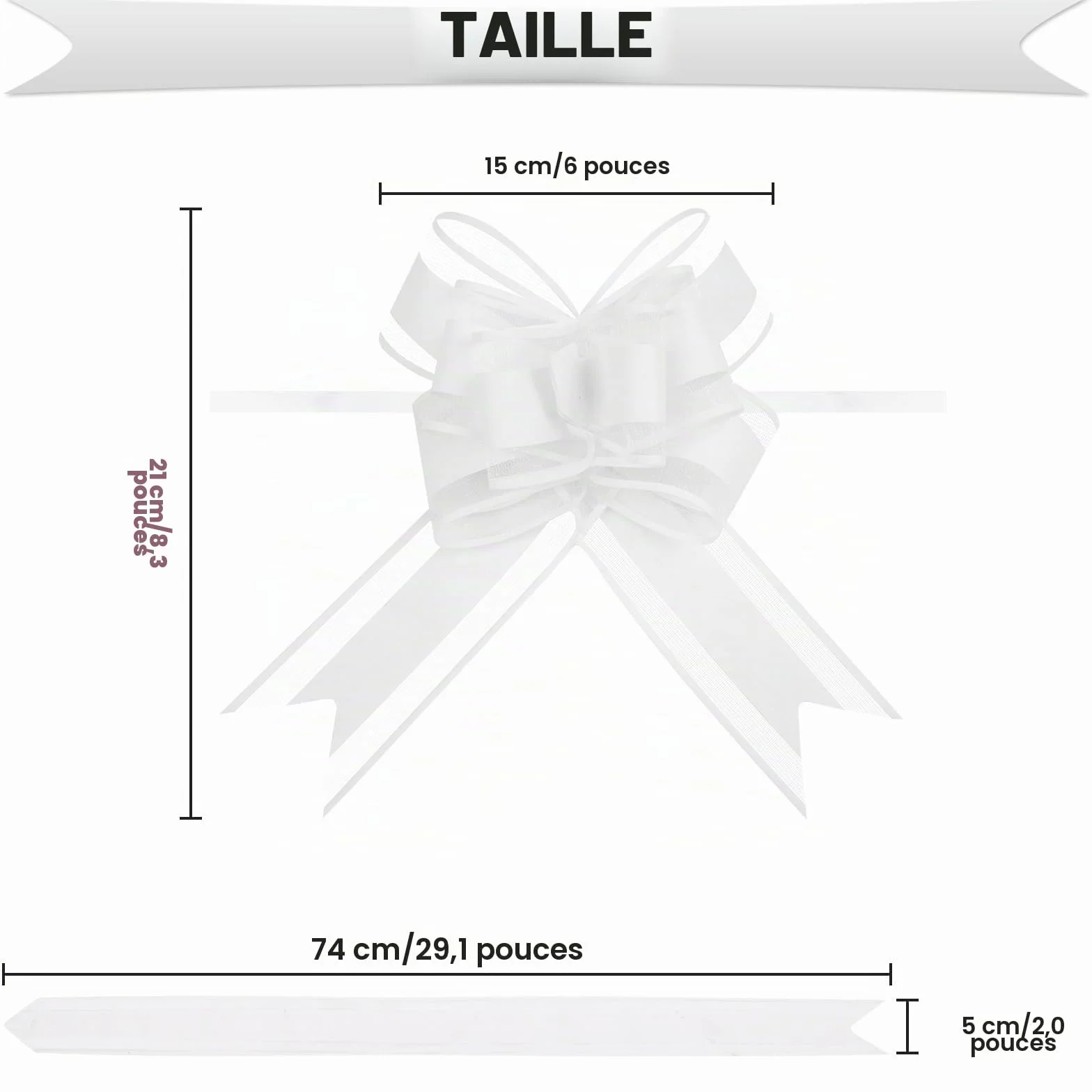 Lot de 50 Grands Nœuds en Organza Blanc pour Décorations Voiture de Mariage