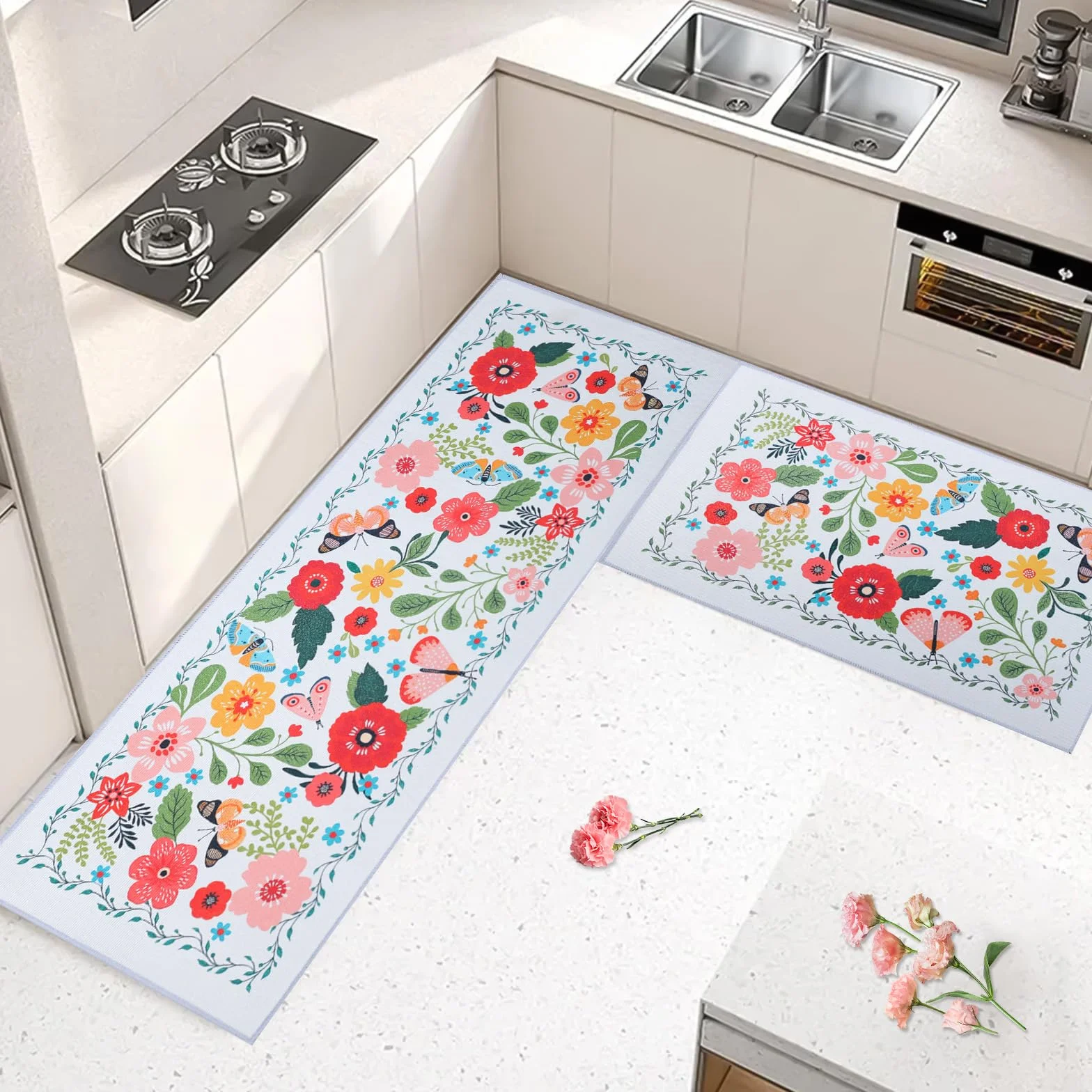 Tapis de Cuisine Anti-dérapant Lavable Anti-Fatigue 2PCS Boho Floral Moderne Ferme