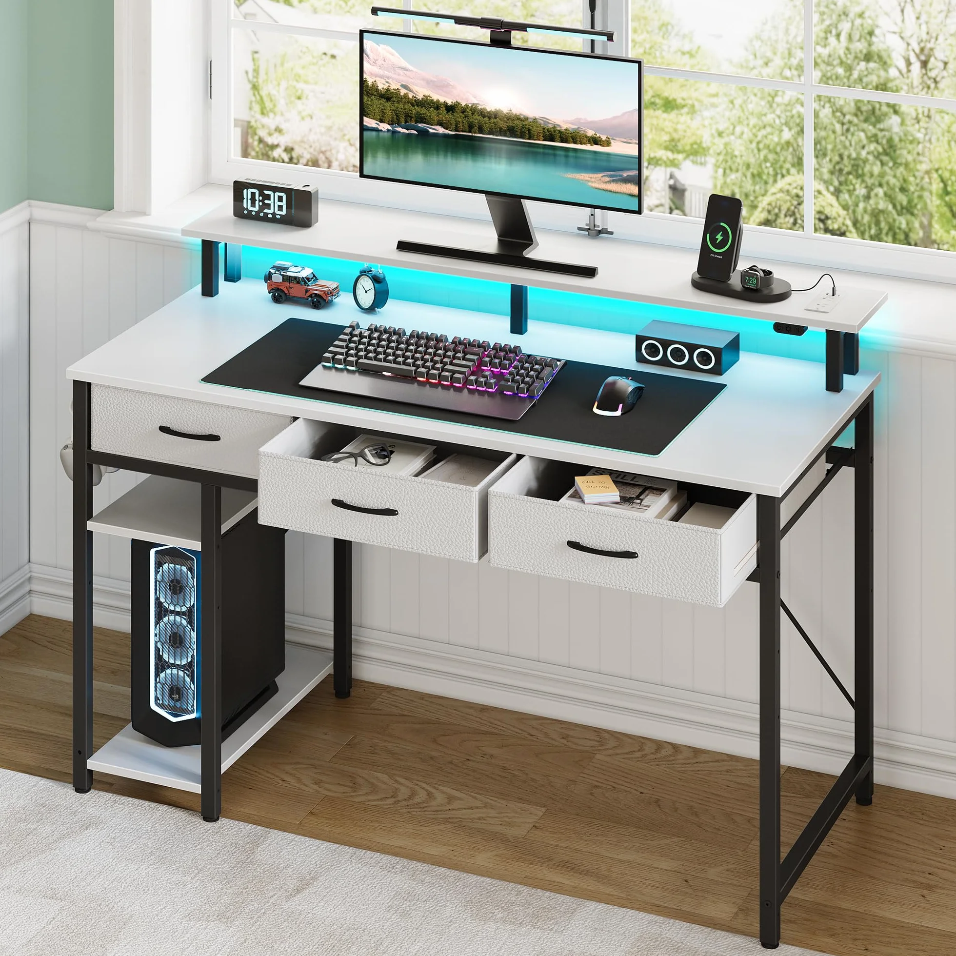 Rolanstar Bureau avec Rangement 100 cm - Table Ado 3 Tiroirs LED RGB Prises de Courant, Blanc