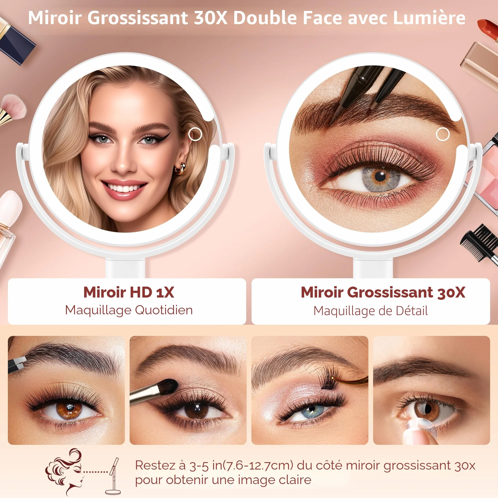 B Beauty Planet Miroir de Maquillage Éclairé 30X LED 3 Couleurs Intensité Variable Réglable en Hauteur Miroir Cosmétique 2 Côtés Blanc
