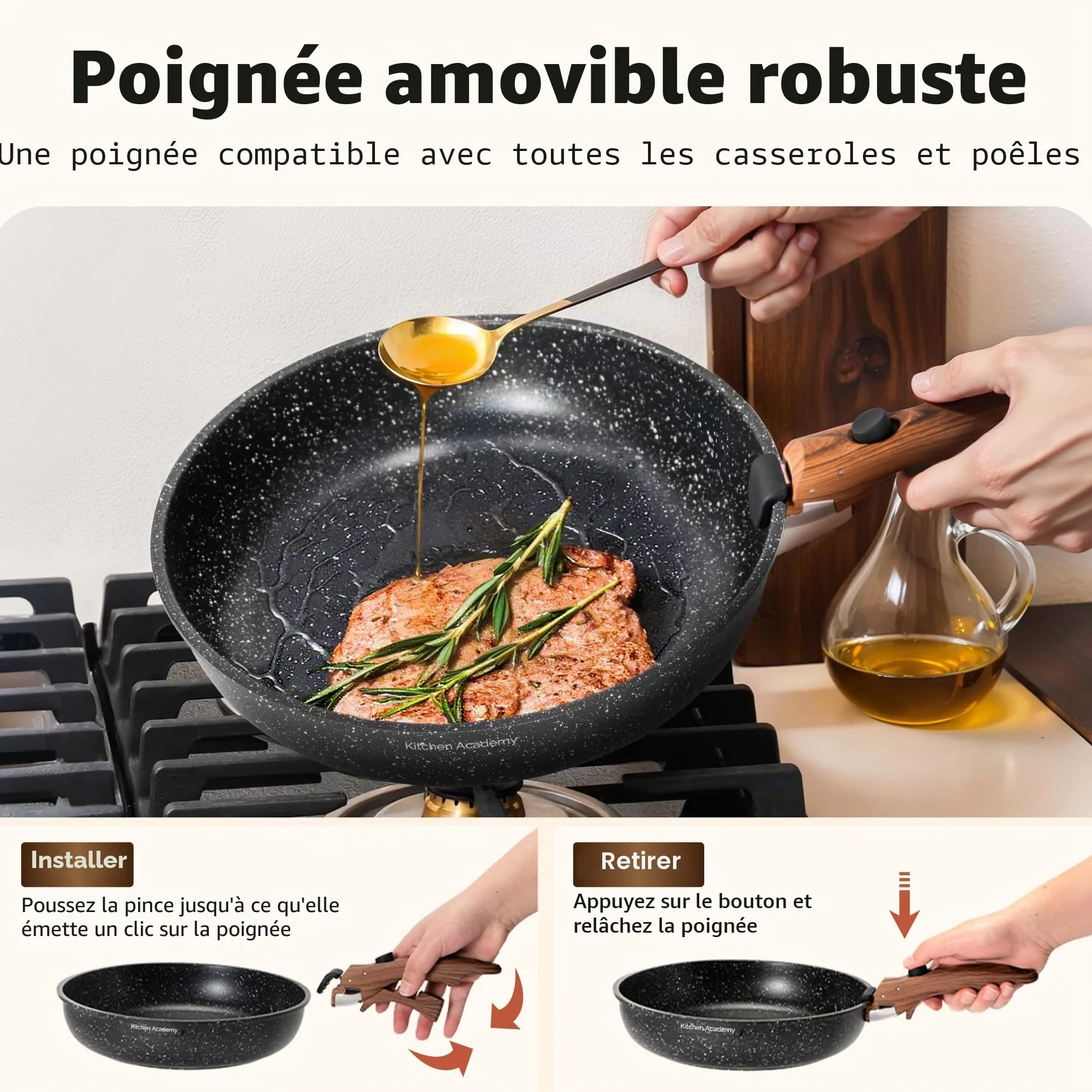 Kitchen Academy Lot de 10 Casseroles et Poêles avec Poignée Amovible, Couvercles en Verre, Revêtement Anti-adhésif Compatible Induction Noir