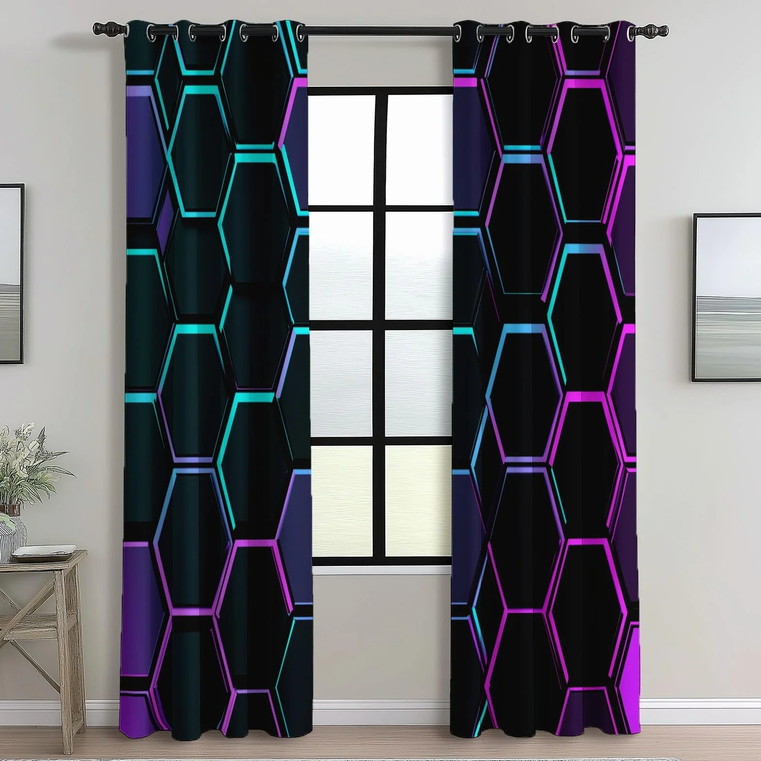 Rideaux Opaques Isolation Thermique 110x215 cm 2 Panneaux Hexagone Géométrique Moderne Noir Violet