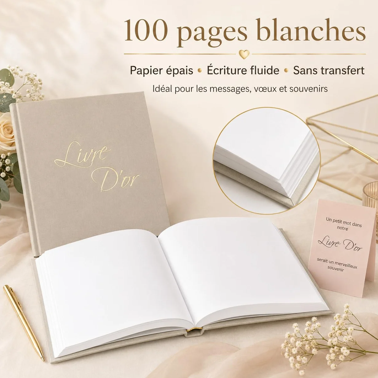 Livre d'Or Lin Beige 21x21 cm 100 Pages Blanches Stylo et Affiche Mariage Anniversaire Baptême