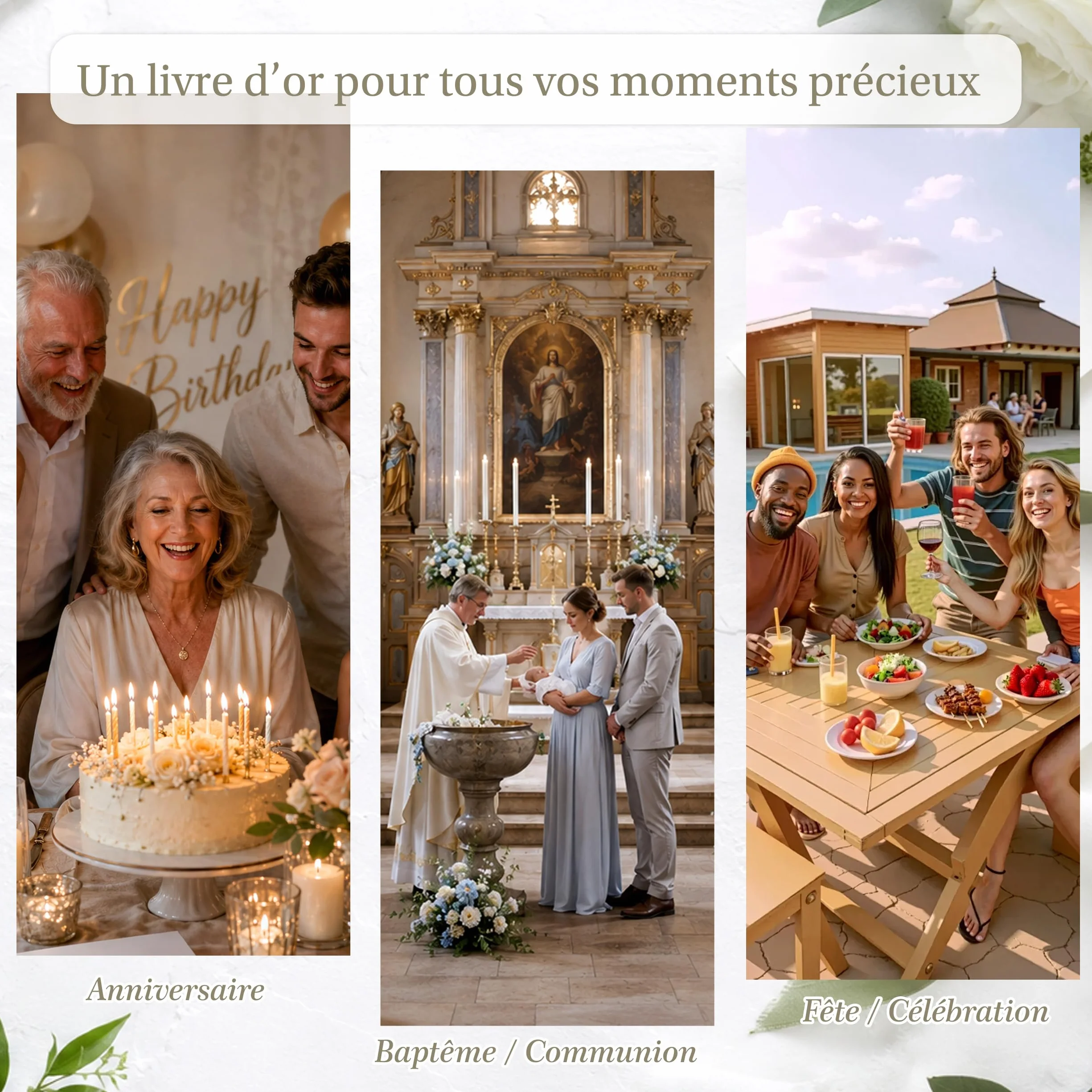 Livre d’or élégant couverture lin dorure 84 pages vierges mariage anniversaire baptême
