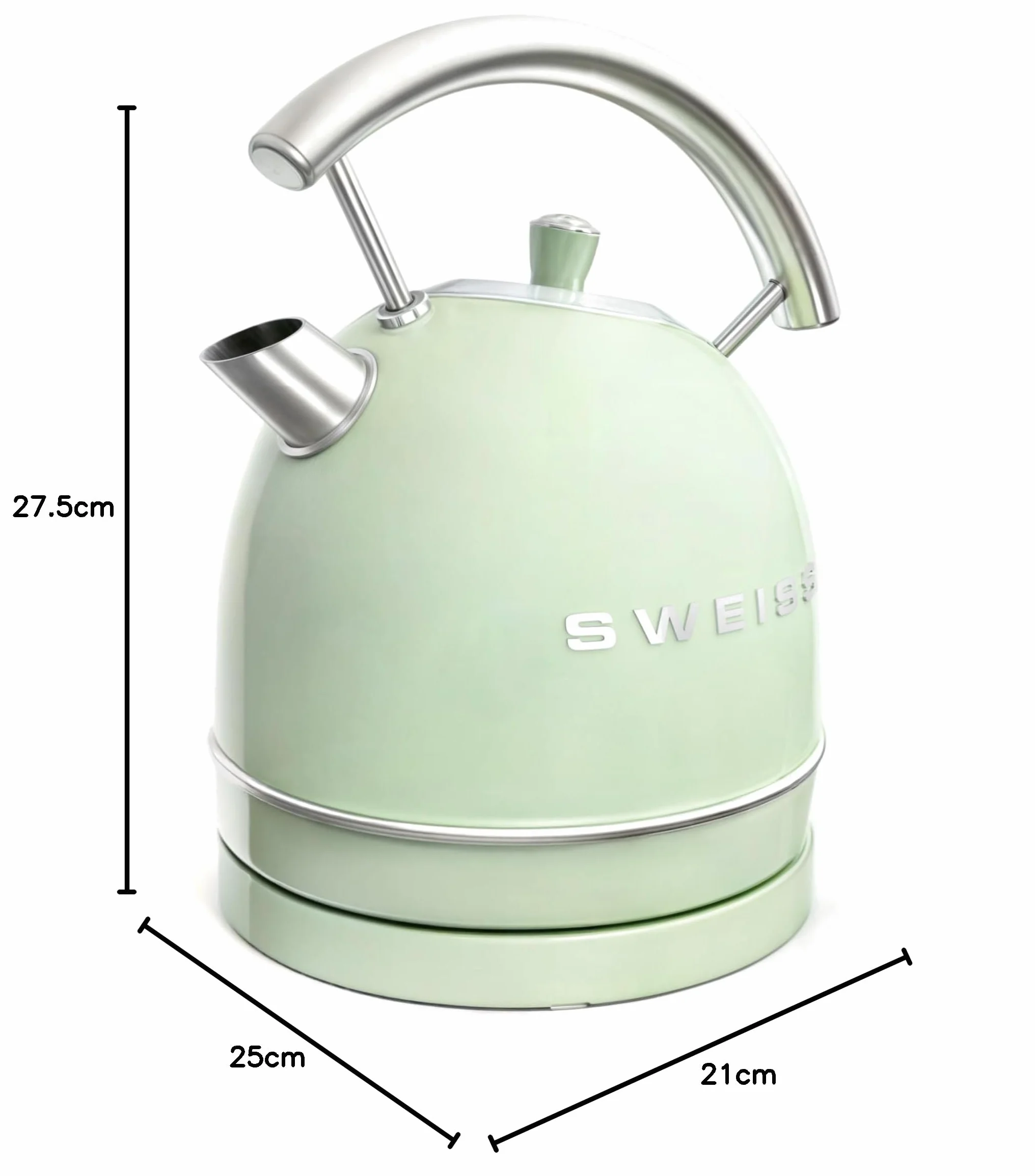 SWEISS Bouilloire électrique vintage KTL7 1,8L, Inox compacte pratique 2200W, Ébullition rapide, Niveau d'eau visible et gradué, Arrêt automatique, Socle 360°, Vert