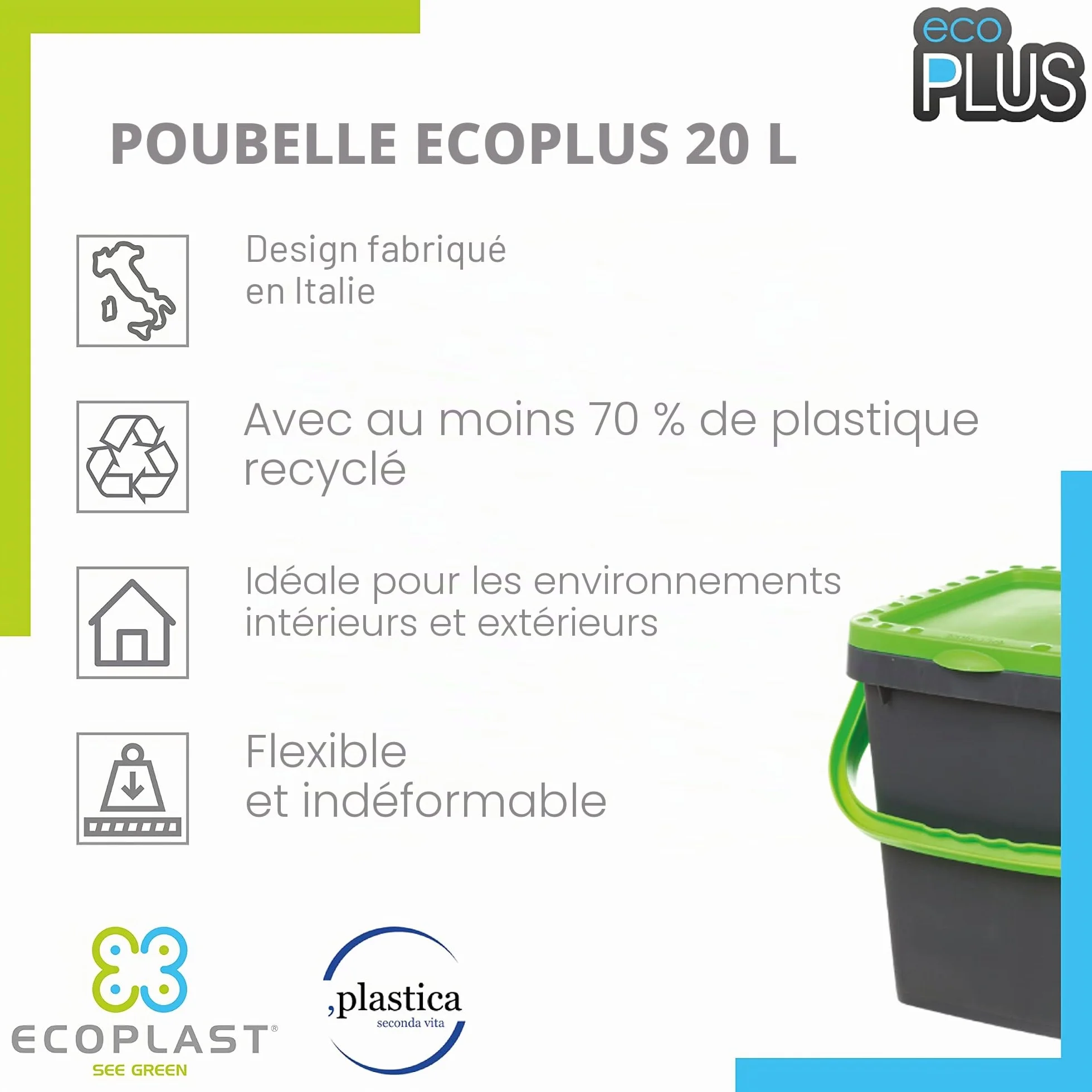 Ecoplast Poubelle collecte différenciée 20 l plastique recyclée vert 34,5 cm