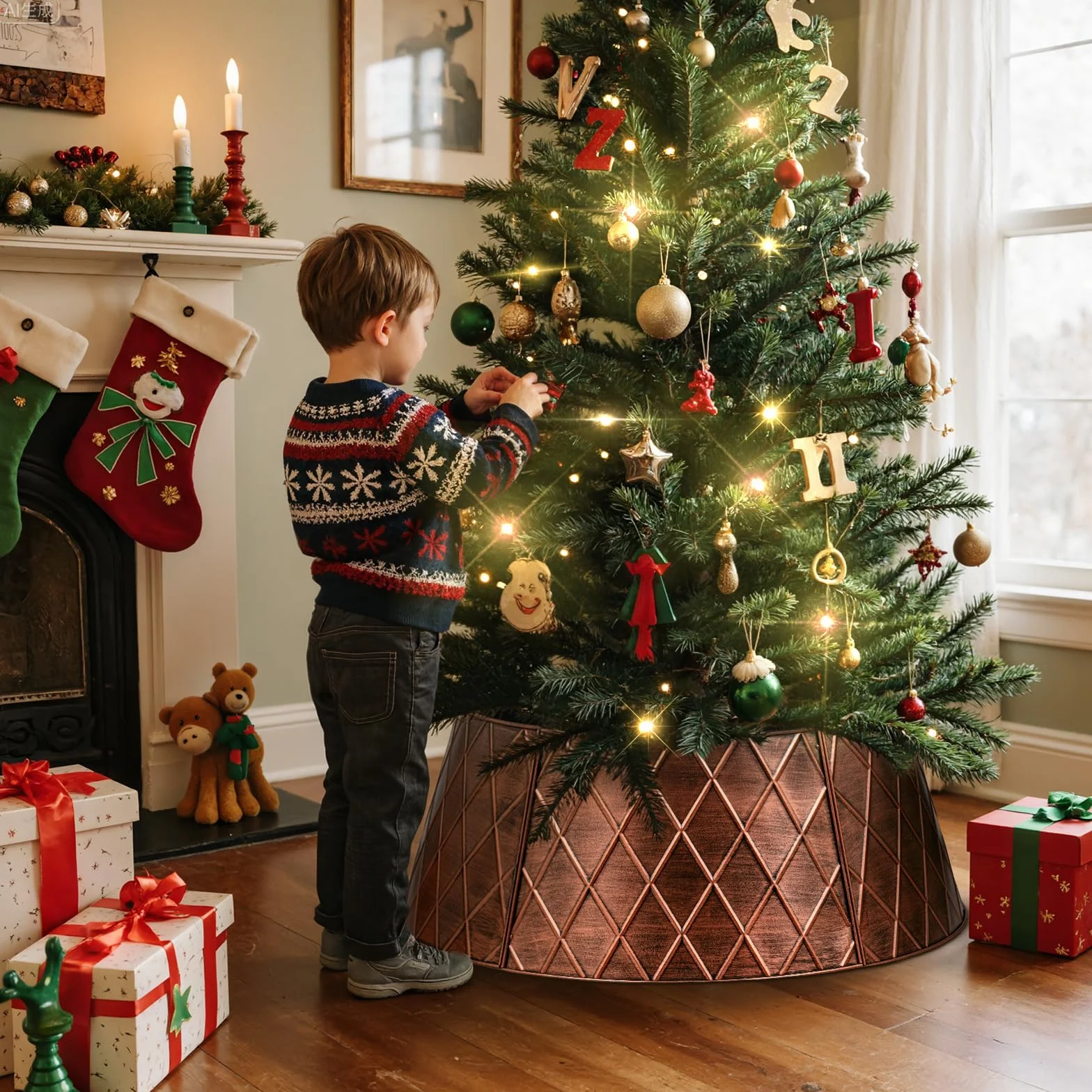 Lanpn Collier de Sapin Noël 50cm Décorations Arbre Artificiel Intérieur Extérieur Cuivre Losange