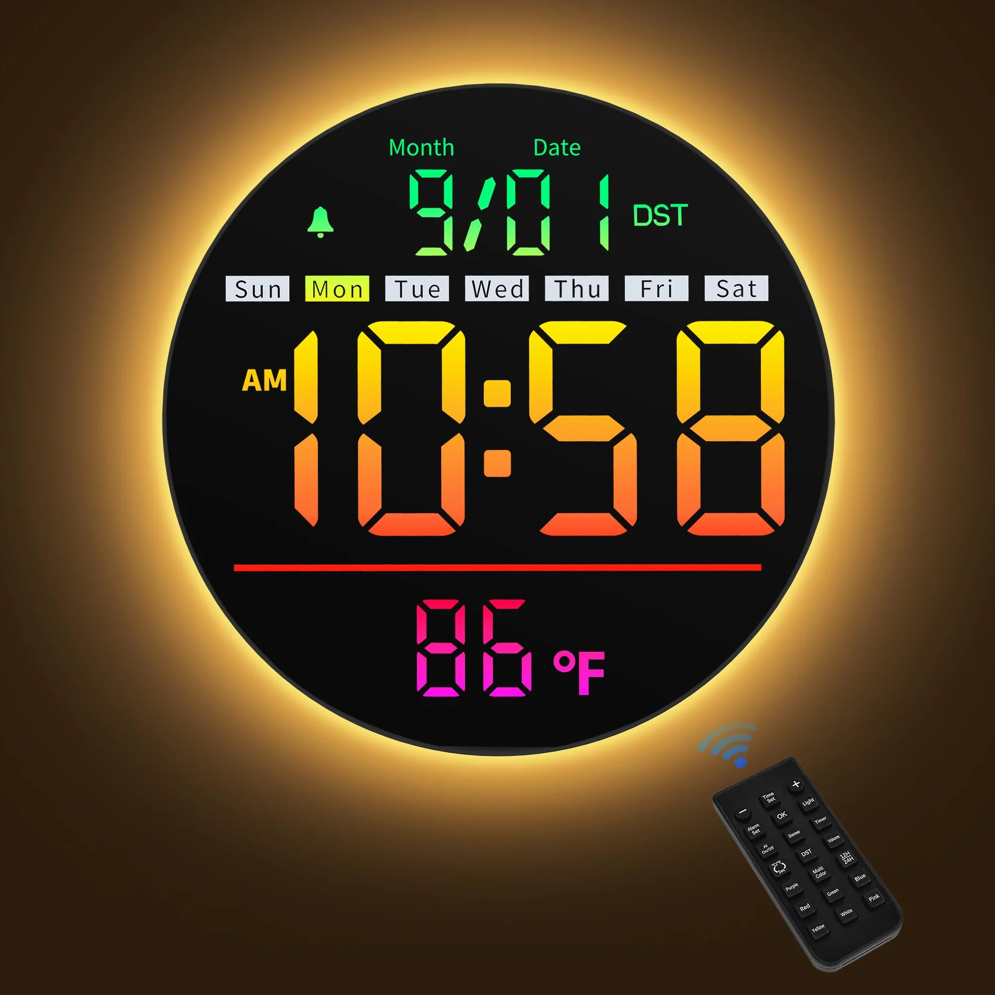 Maxstar Horloge Murale Numérique 8" LED avec Alarme, RGB, Température, Date