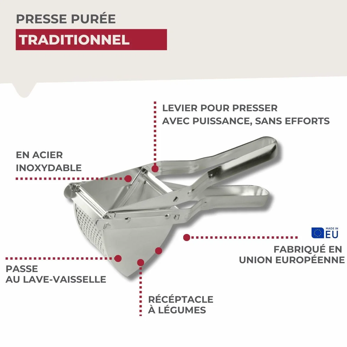 Fackelmann Presse-purée à levier, Acier inoxydable, 29 x 10 x 8,5 cm