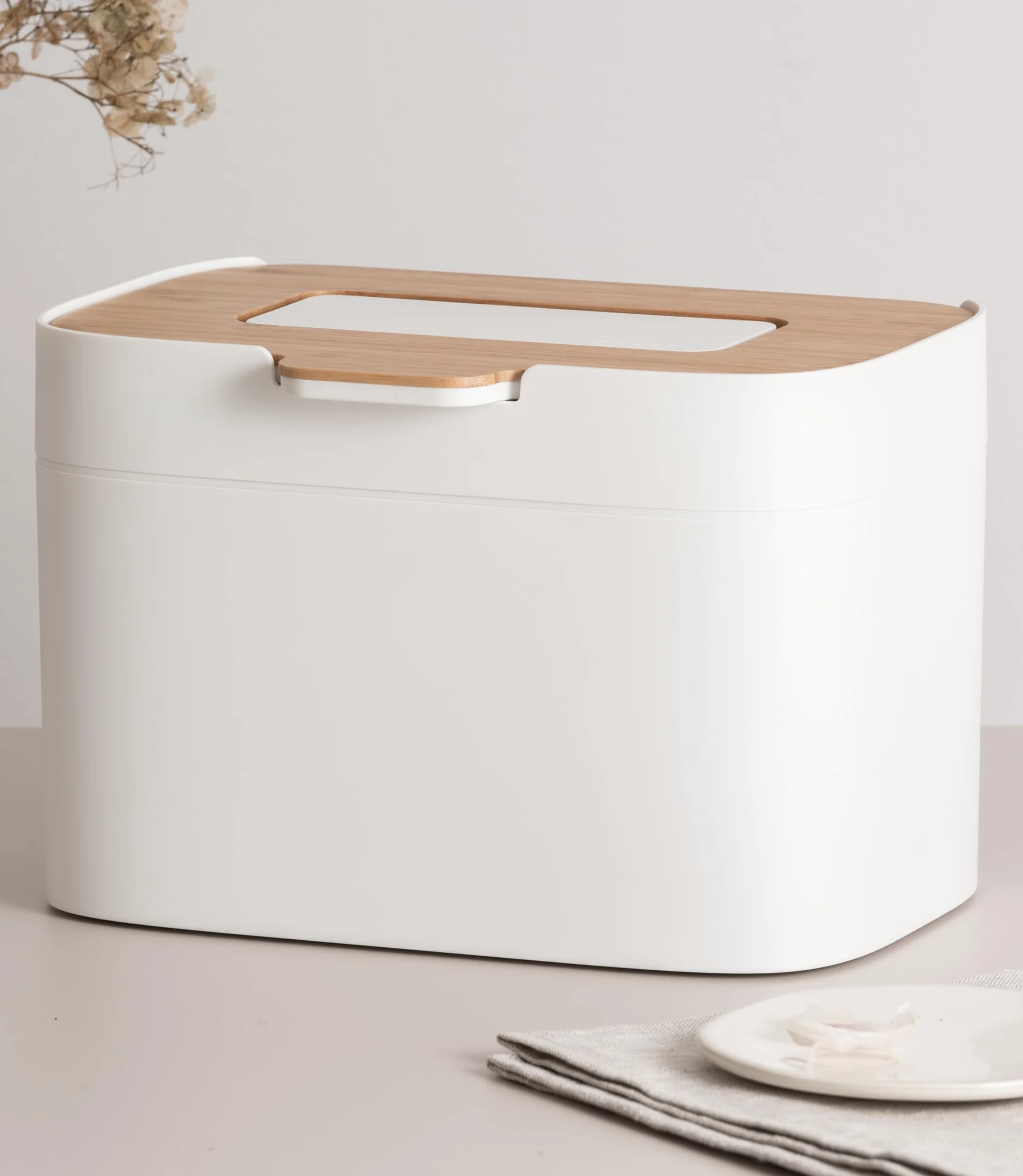 Poubelle Compost KAZAI 'Elin' 4,5L Bac à Compost Organique avec Couvercle en Bois & Filtre, Composteur de Cuisine sans Odeur, Lavable au Lave-Vaisselle, Blanc cassé/Bambou