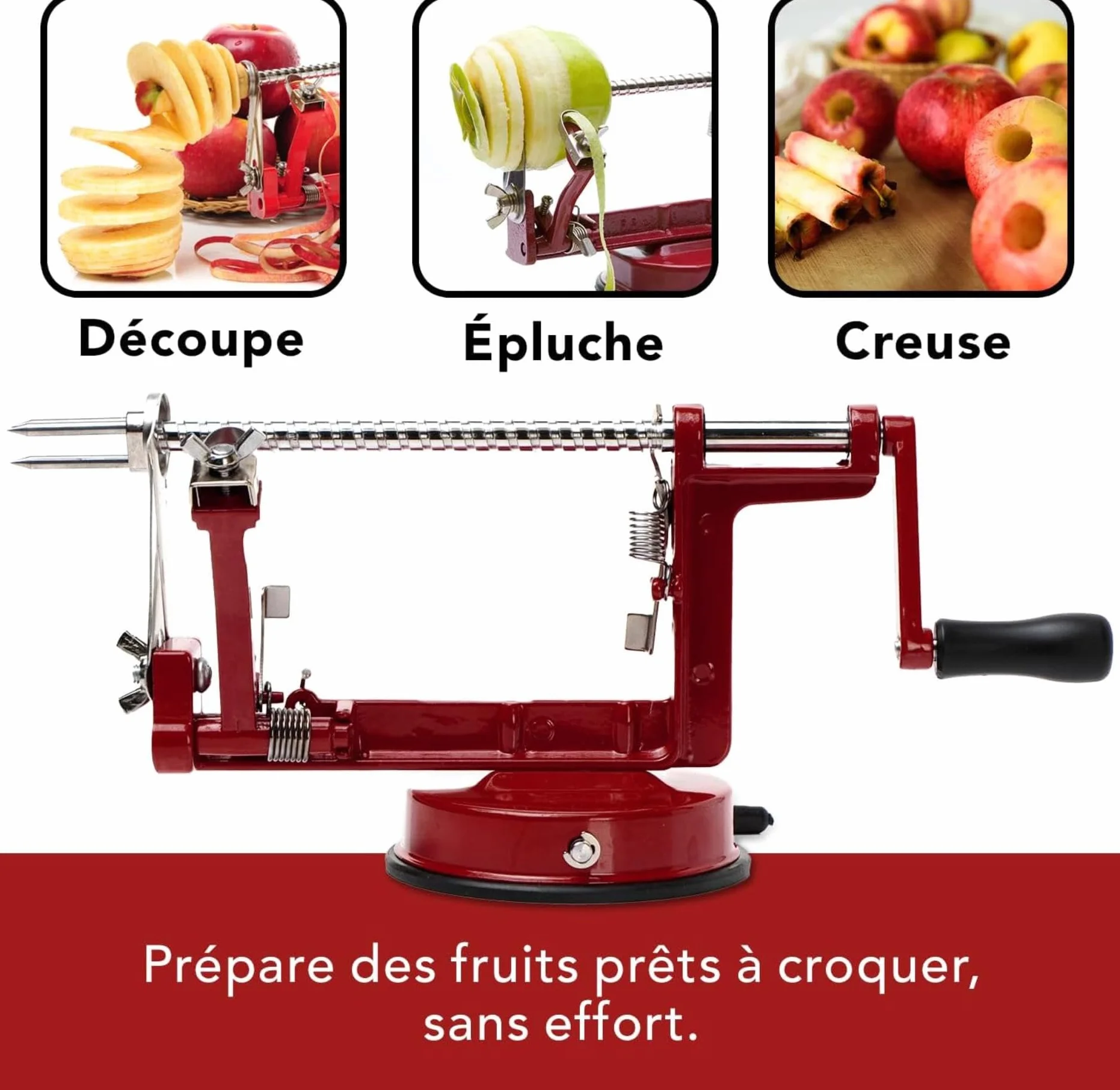 Éplucheur de pommes en métal Baumalu Rouge-Vin 25,5 x 15 x 11 cm avec ventouse