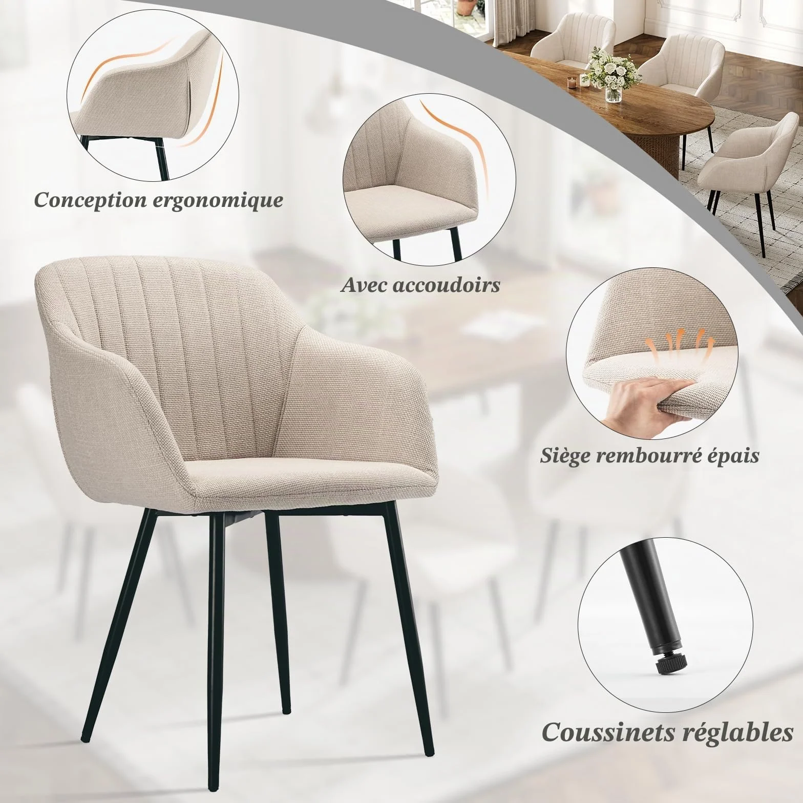 Lot de 6 Chaises Salle à Manger Beige avec Accoudoirs, Fauteuil Rembourré en Lin Pieds Métal