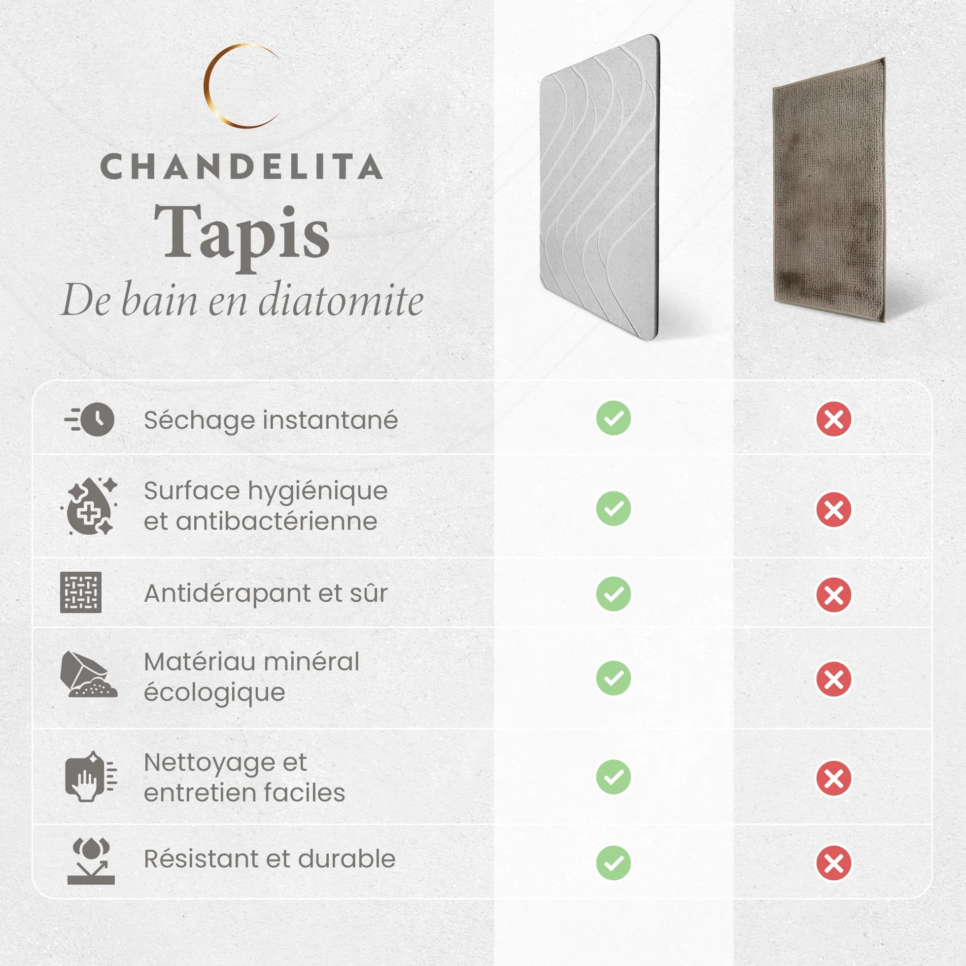 Tapis de Bain Diatomite 60×39 cm Antidérapant Absorbant Hygiénique Résistant aux Moisissures Séchage Rapide