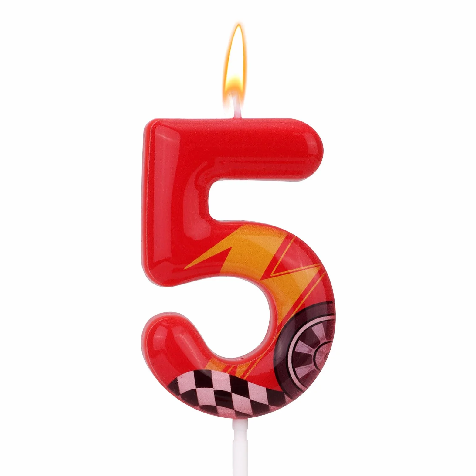 Bougie d'Anniversaire Thème Voitures Course Numéro 5 Rouge Forme Voiture pour Gâteau