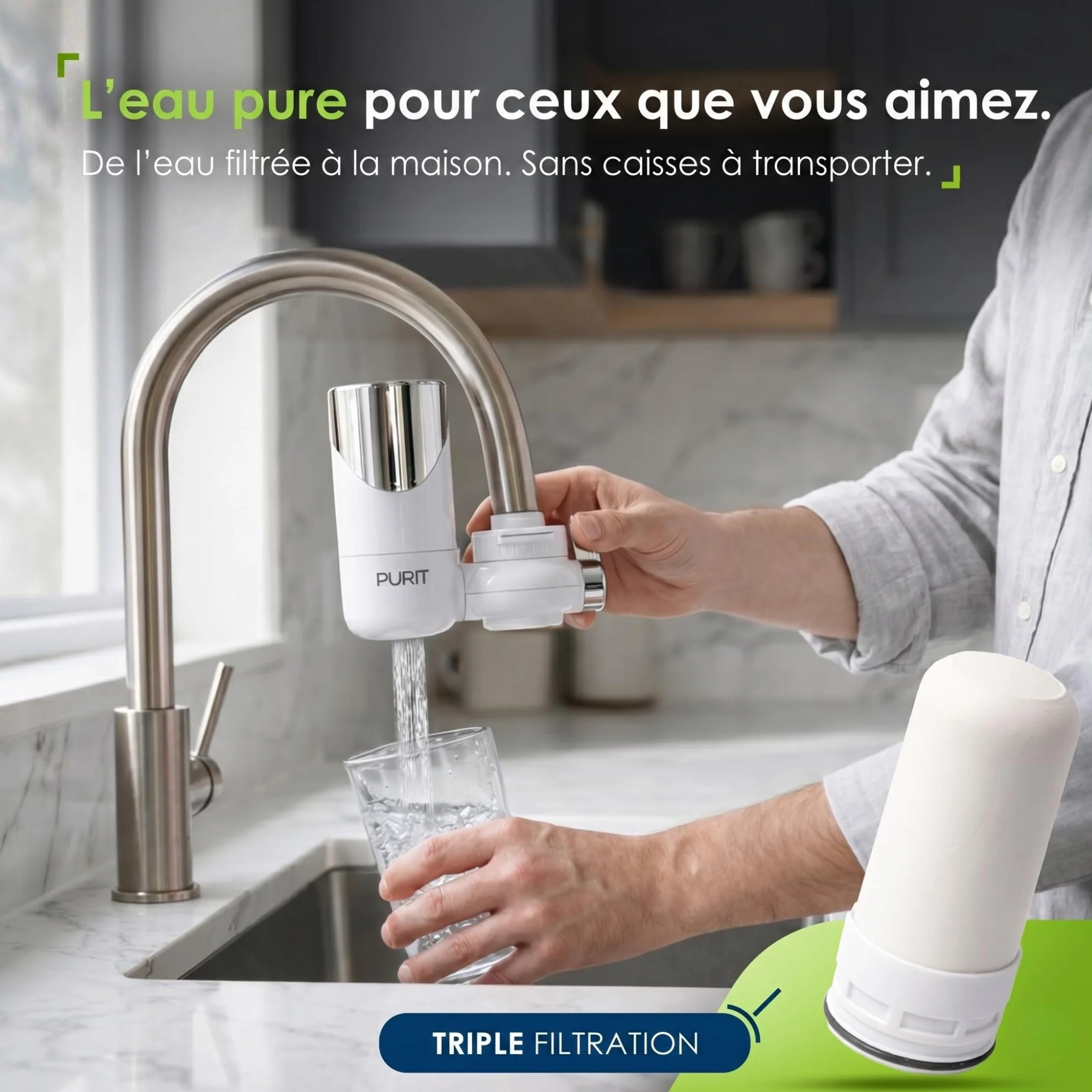 PURIT Filtre à eau robinet cuisine cartouche céramique diatomée charbon actif 1000 L