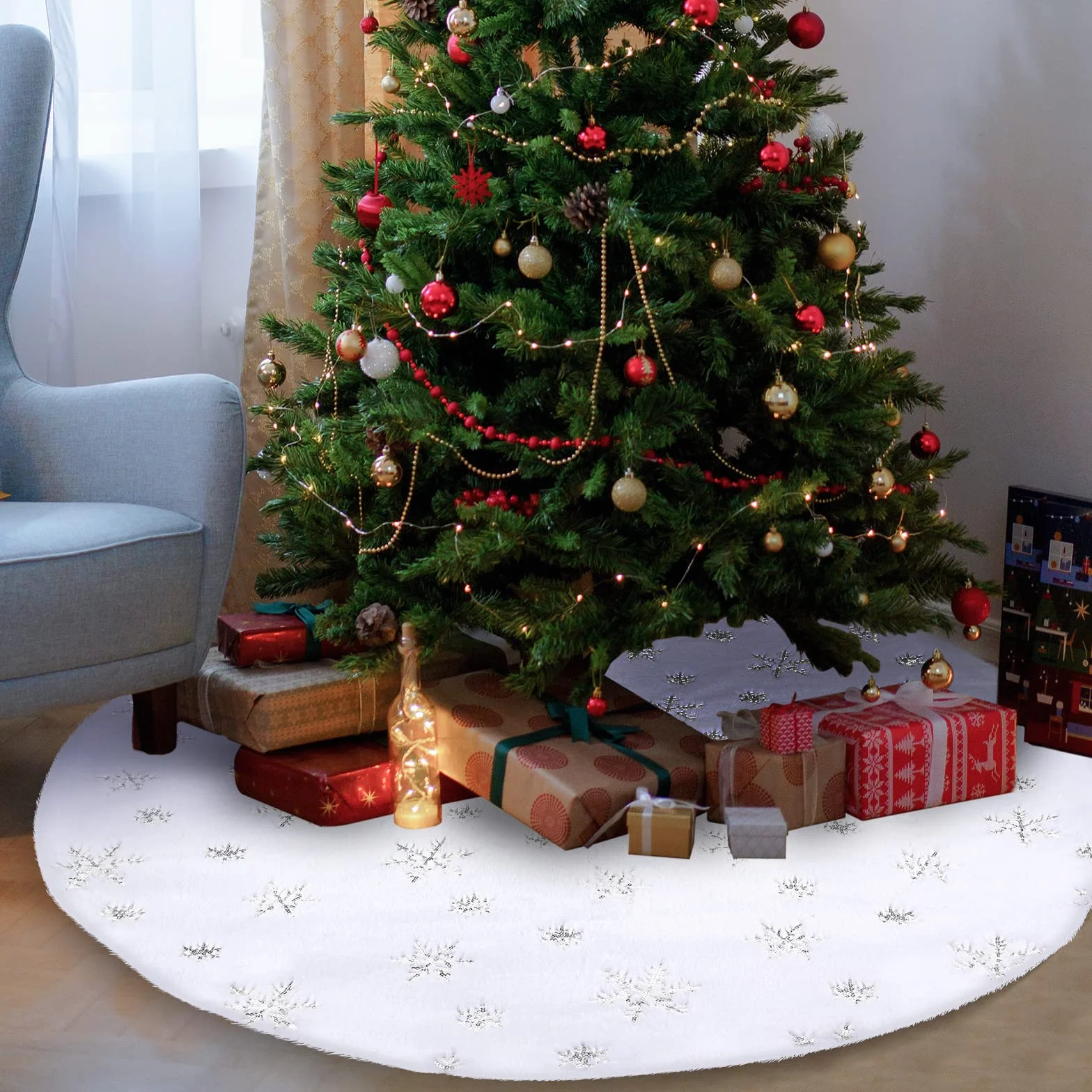 Couverture de sapin de Noël 120 cm blanche en peluche fausse fourrure flocons de neige argentés