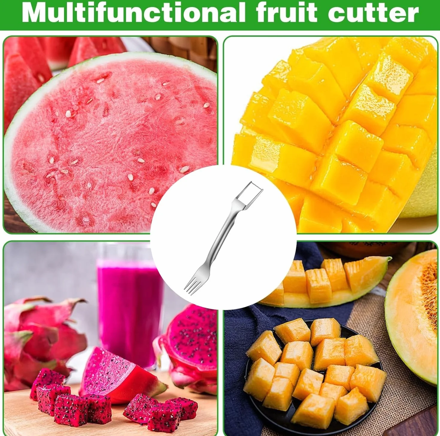 Coupe Pastèque 2 en 1 Acier Inoxydable Fourchette à Fruits Outil de Coupe Melon